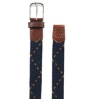 Golf Stretch Belt – Navy & Orange Dot with Brown Leather Trim