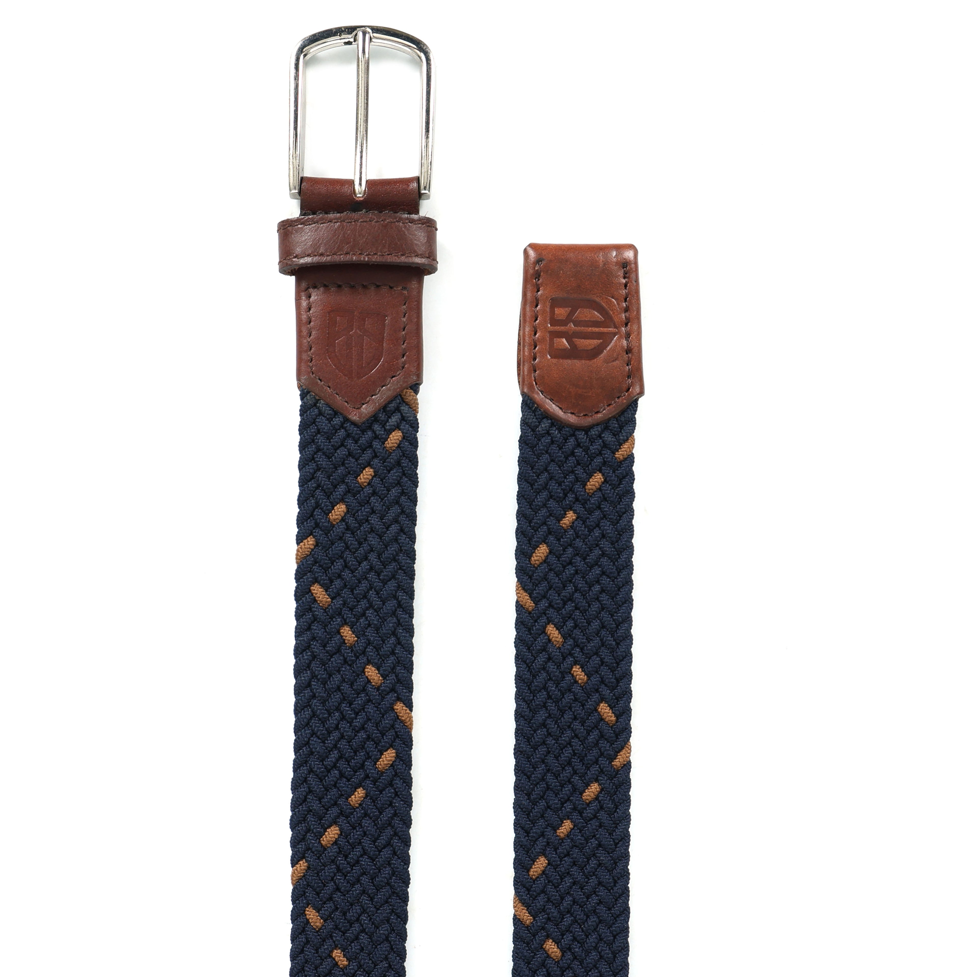 Golf Stretch Belt – Navy & Orange Dot with Brown Leather Trim