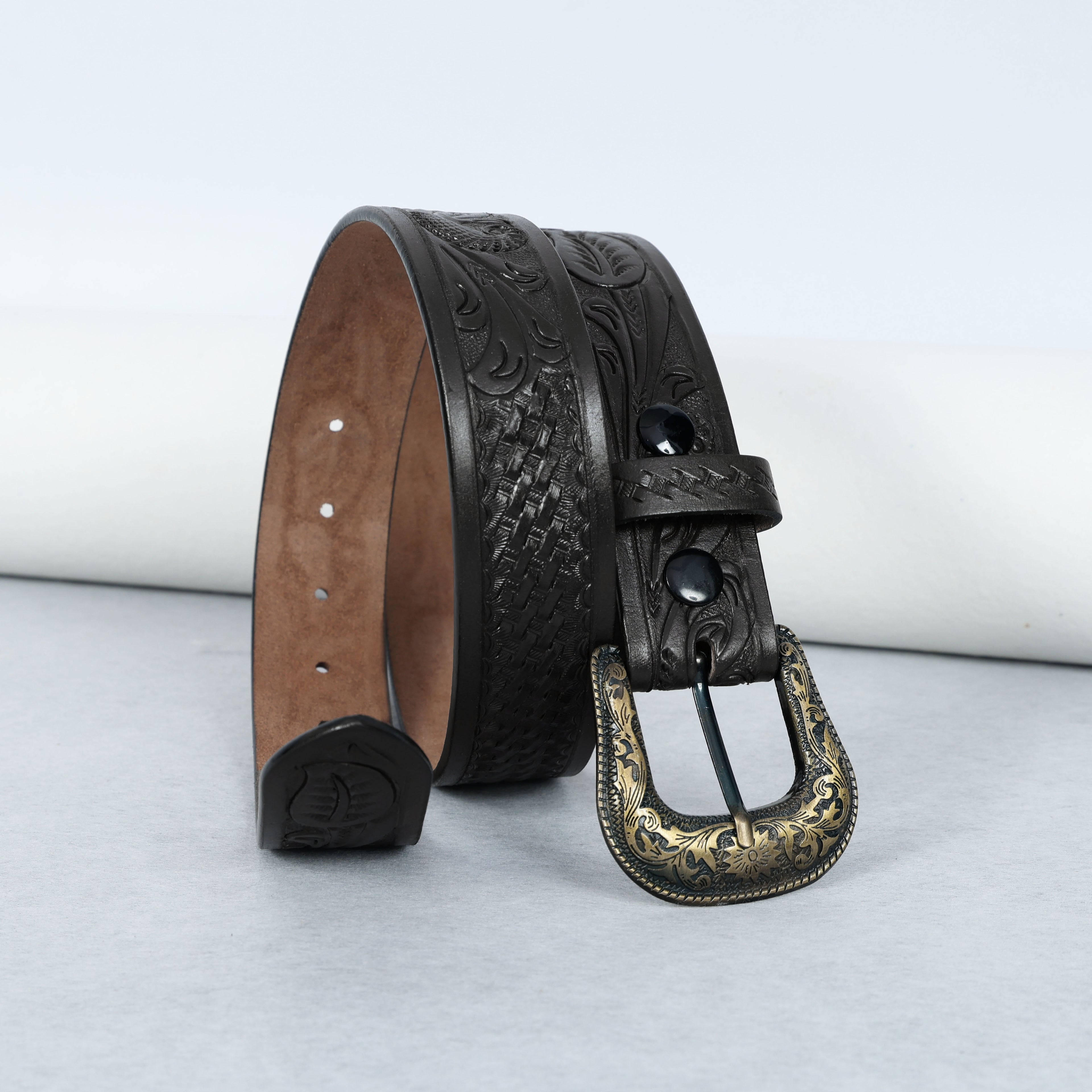 Black Leather Western Belt with Western Engraved Brass Buckle + Free Antique Plain Buckle