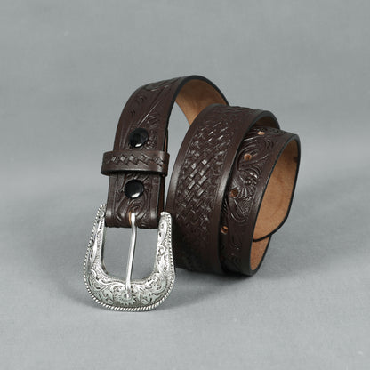 Berbanto Dark Brown Leather Western Belt with Western Engraved Silver Buckle + Free Antique Plain Buckle