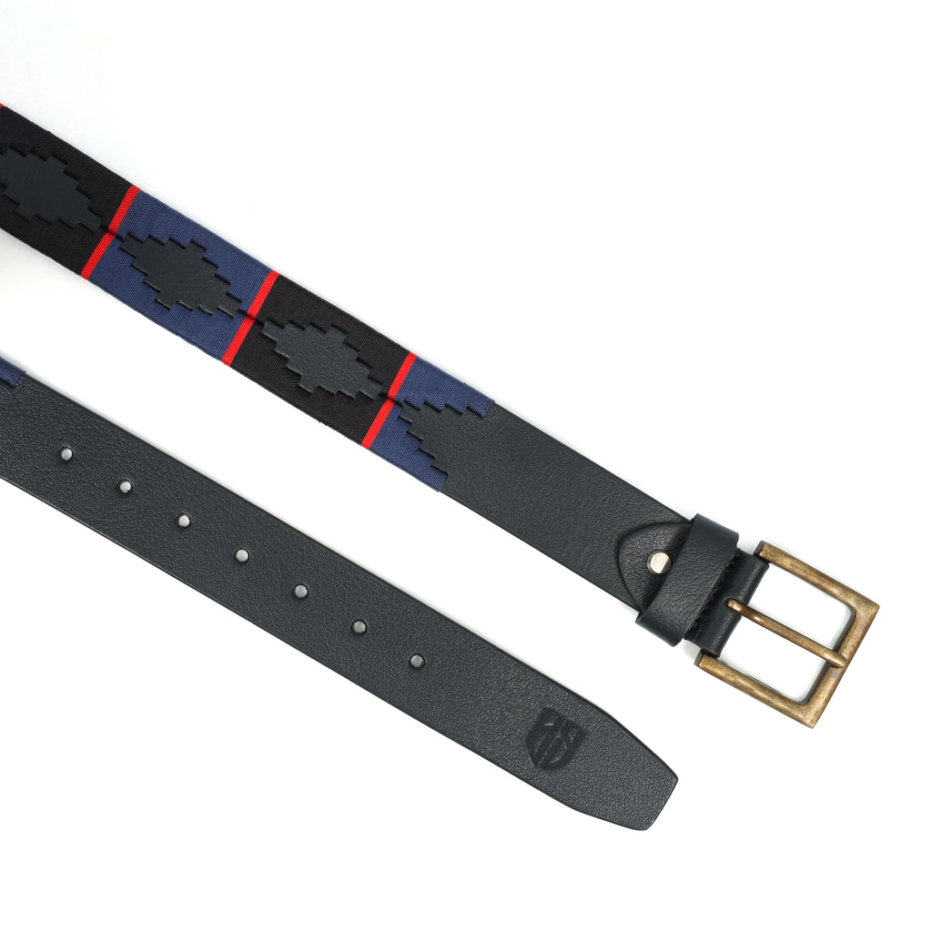 Black, Navy Blue & Red Border Polo Belt – Handcrafted Full-Grain Leather with Navy Detailing