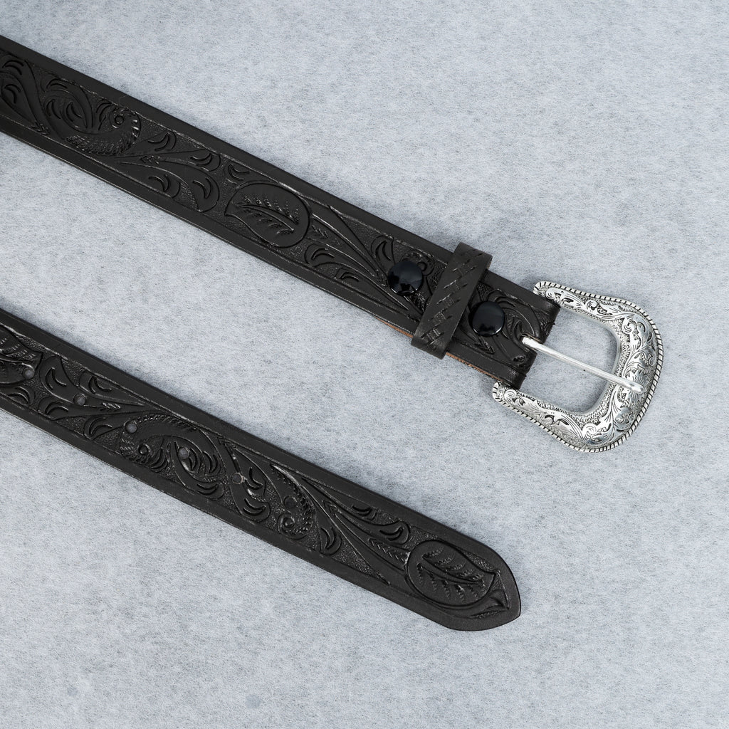 Black Leather Western Belt with Western Engraved Silver Buckle + Free Antique Plain Buckle