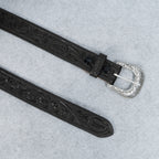 Black Leather Western Belt with Western Engraved Silver Buckle + Free Antique Plain Buckle