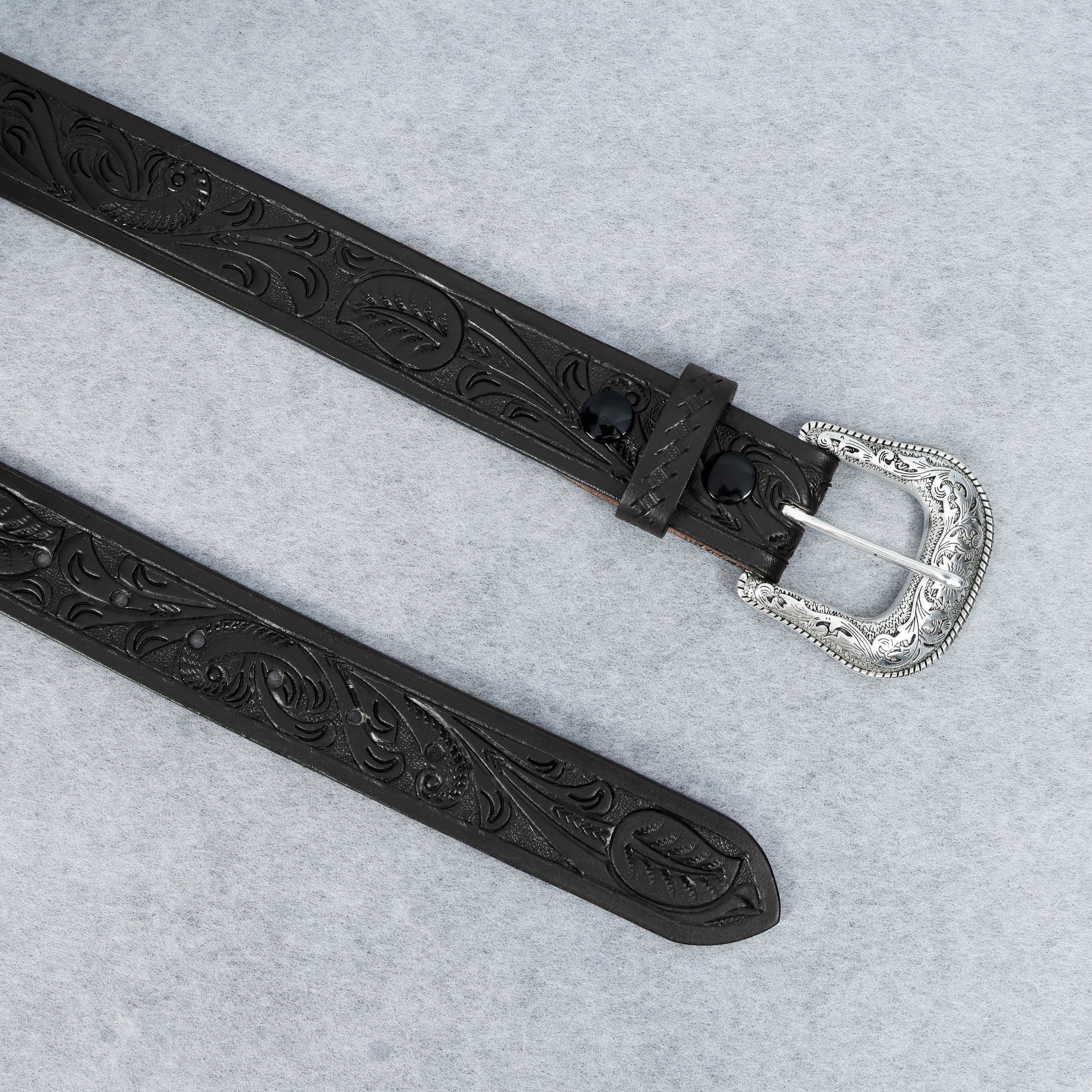 Black Leather Western Belt with Western Engraved Silver Buckle + Free Antique Plain Buckle
