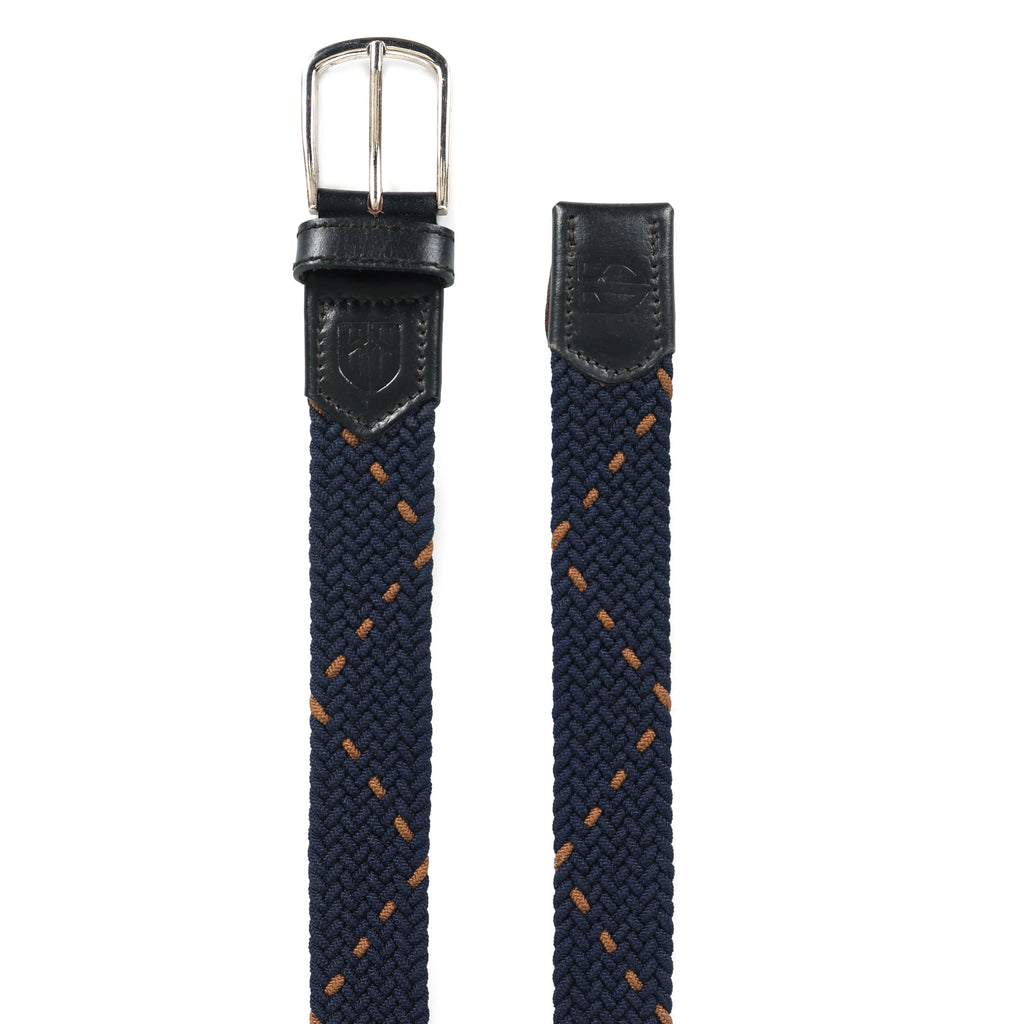Golf Stretch Belt – Navy & Orange Dot with Black Leather Trim