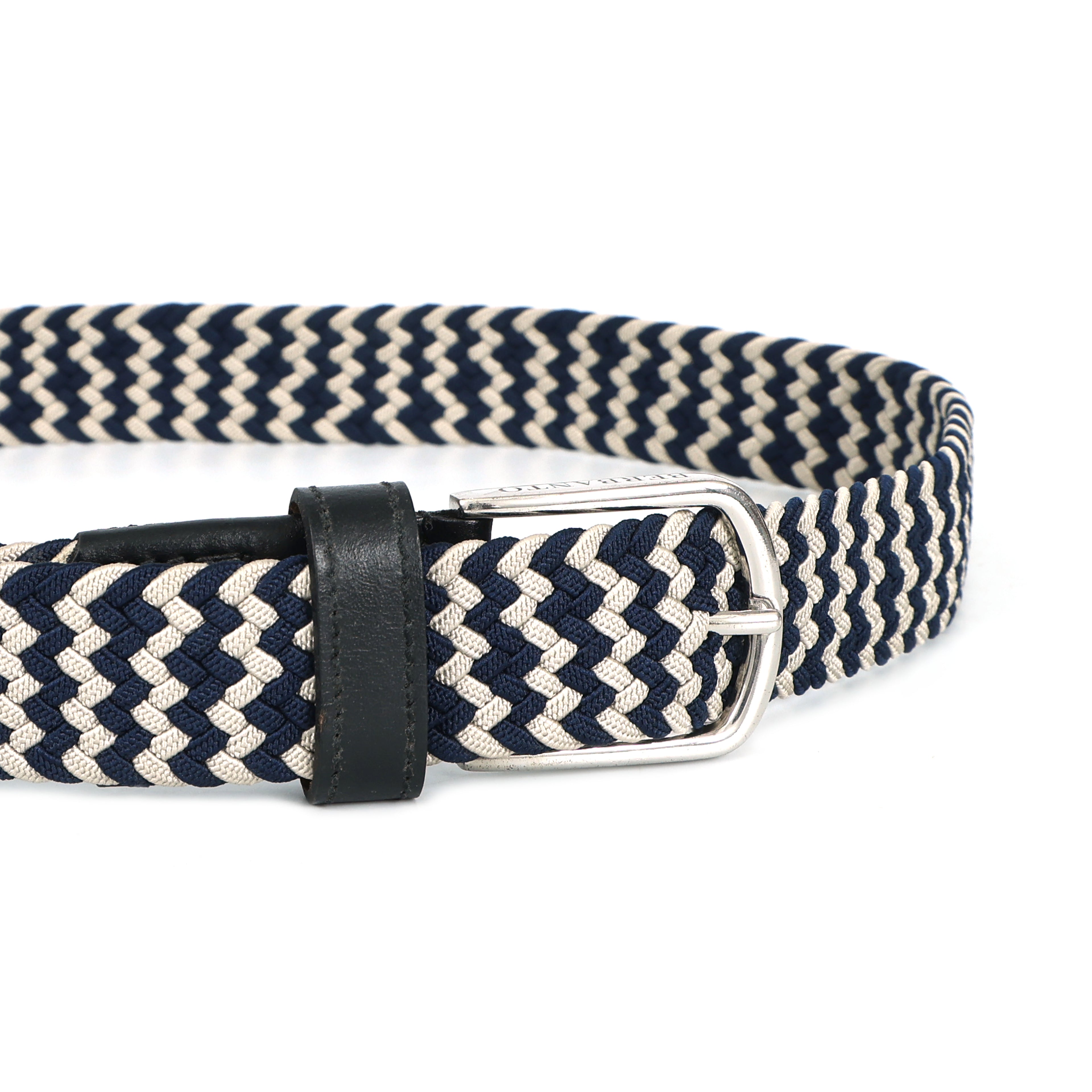 Golf Stretch Belt – Navy & White Chevron with Black Leather Trim