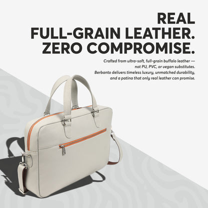Beige Full-Grain Leather Laptop Bag