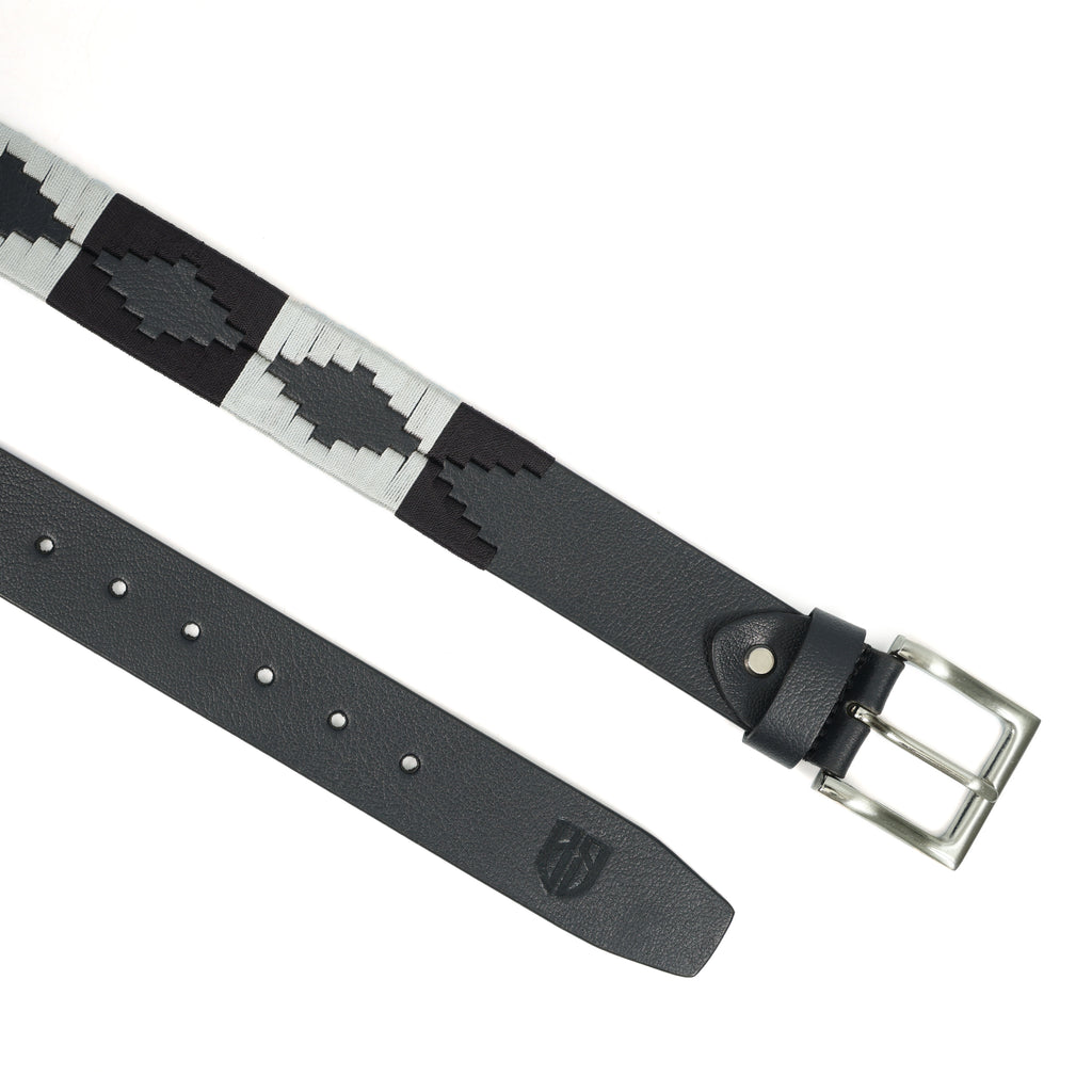 Grey Classic Polo Belt – Hand-Embroidered Premium Full-Grain Black Leather Belt