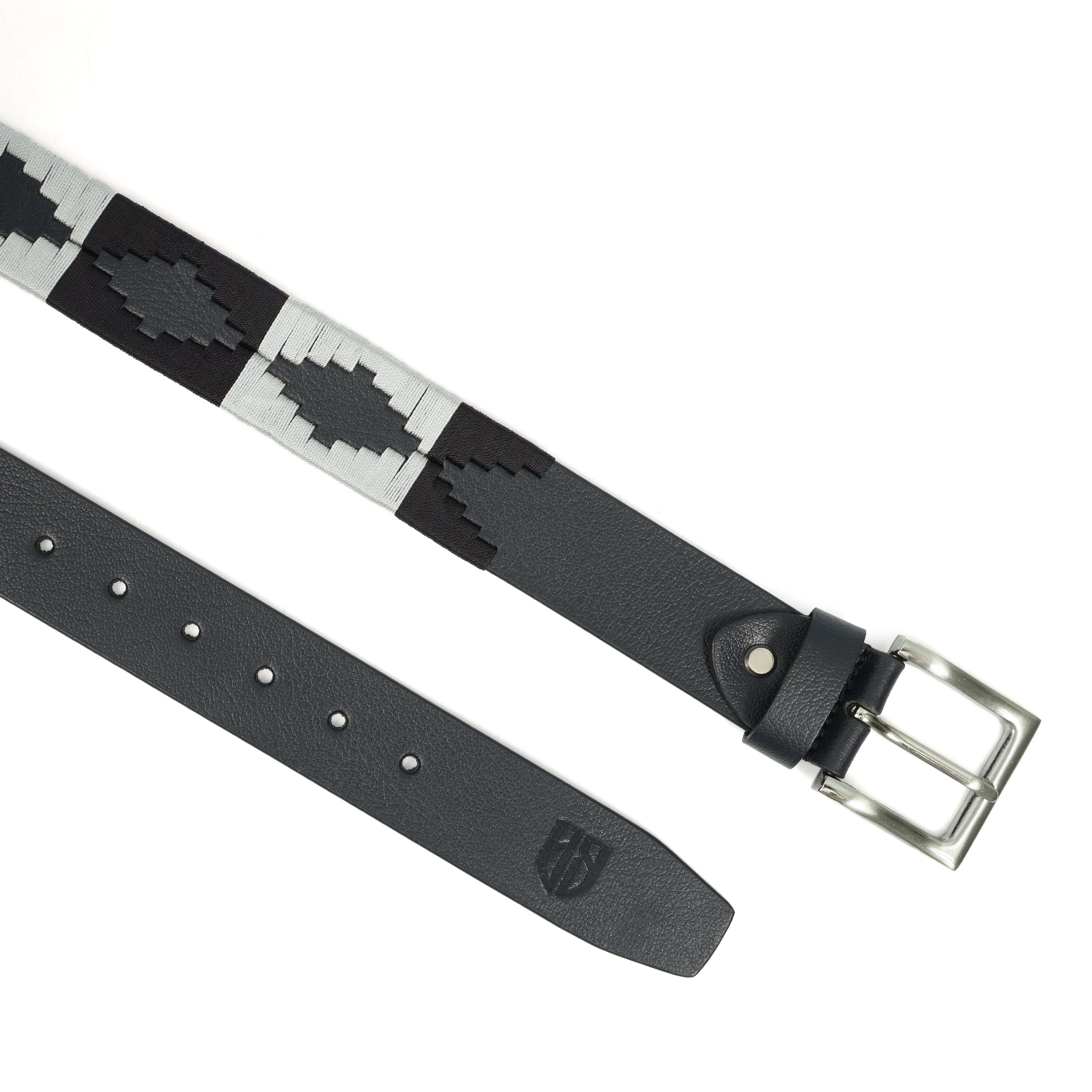 Grey Classic Polo Belt – Hand-Embroidered Premium Full-Grain Black Leather Belt