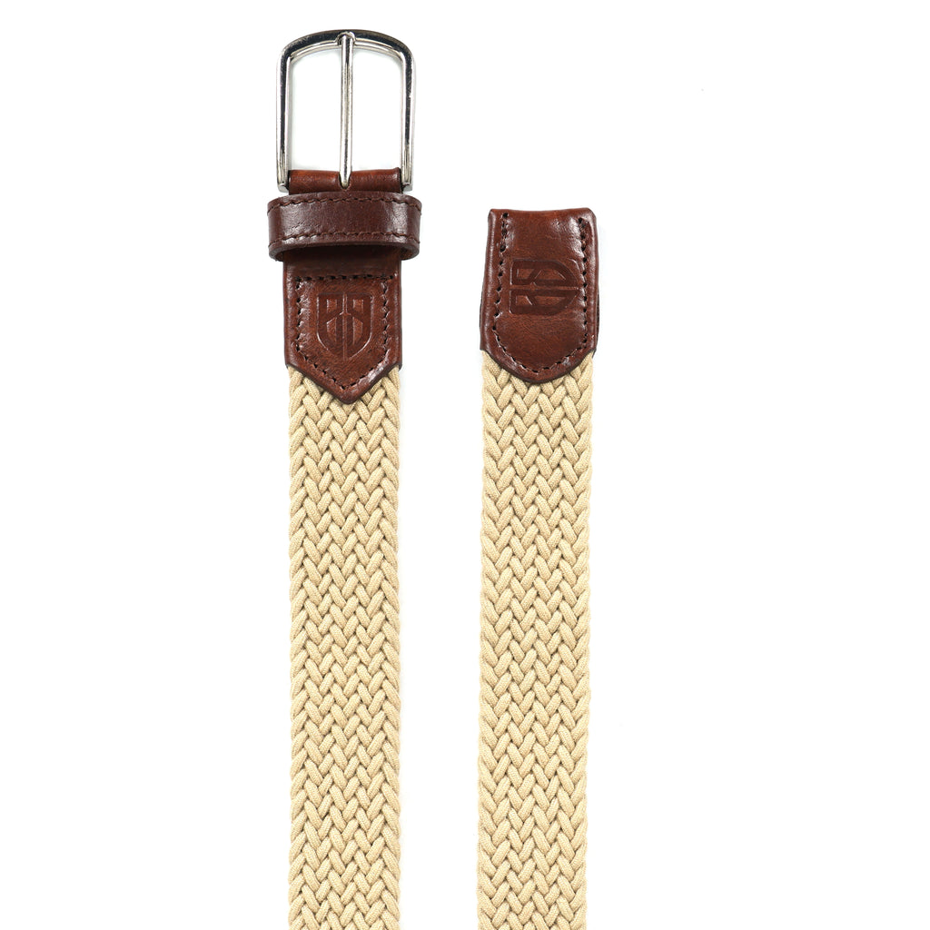 Golf Stretch Belt – Classic Beige with Brown Leather Trim