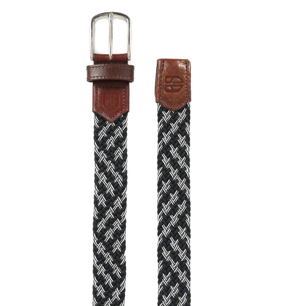 Golf Stretch Belt – Black & White Zigzag with Brown Leather Trim