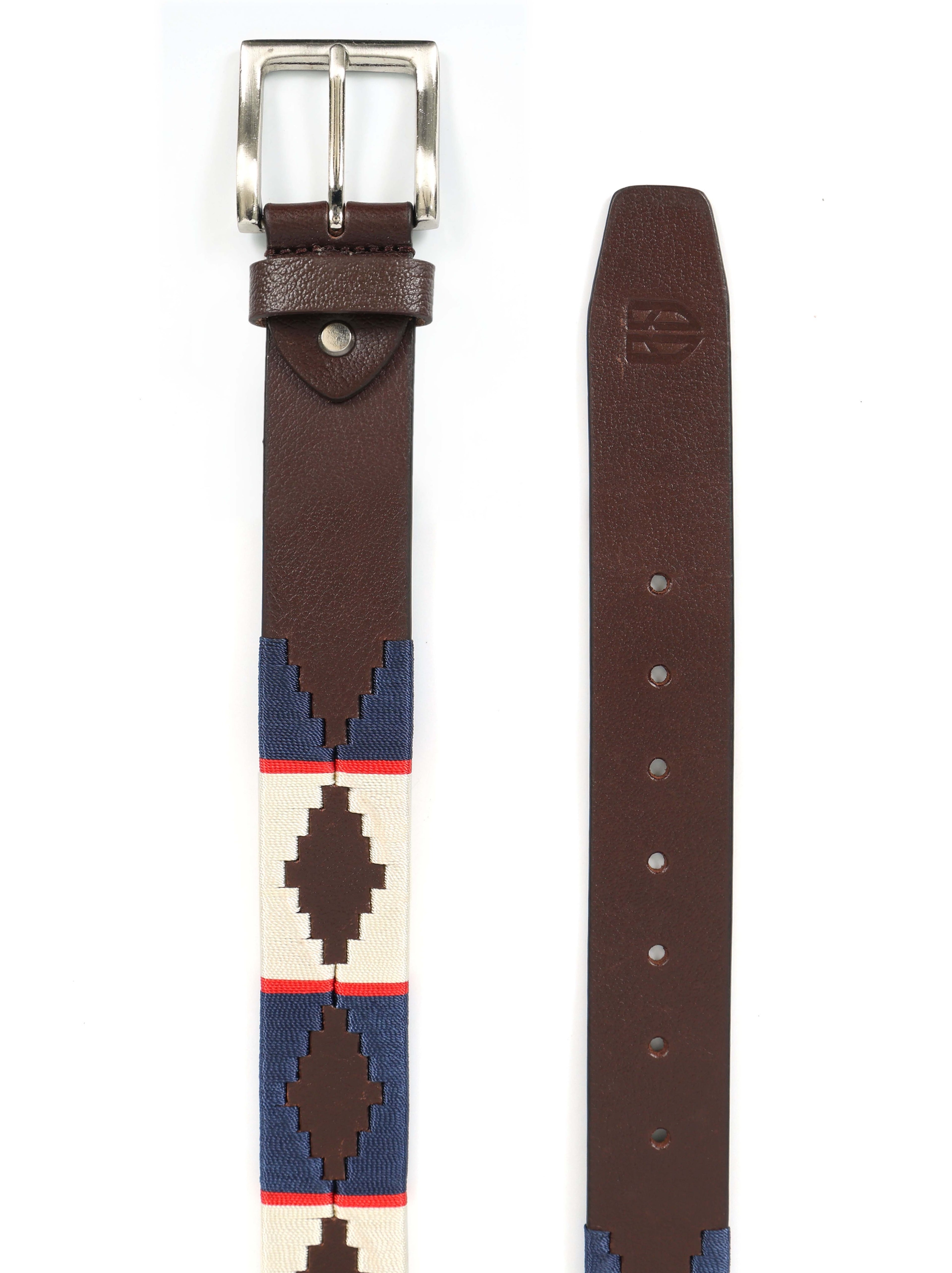 Brown Polo Leather Belt with Blue, Red, and Cream Stitching & Silver Buckle