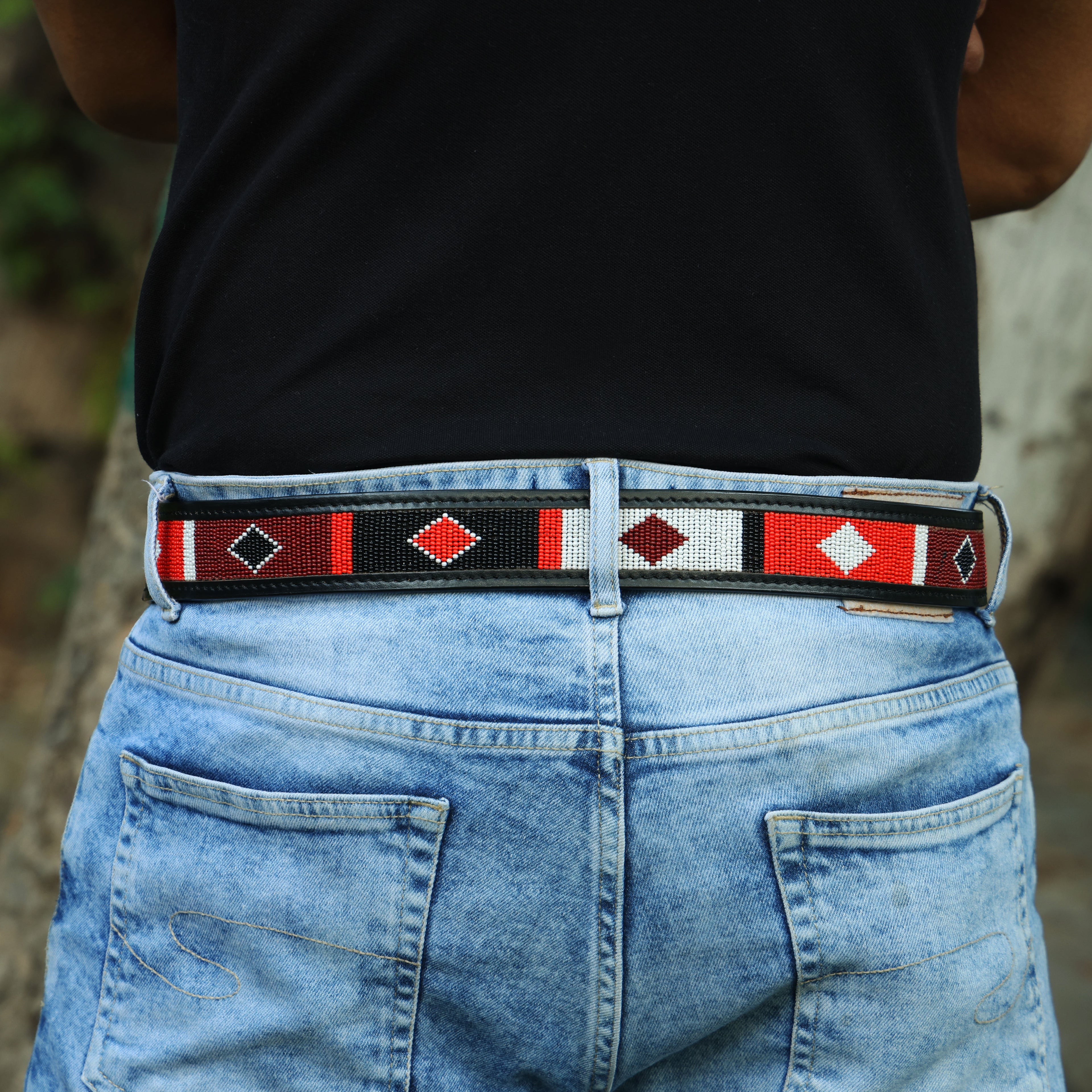 Gaucho Red Diamond Beaded Leather Belt – Handcrafted Western-Style Belt for Men & Women