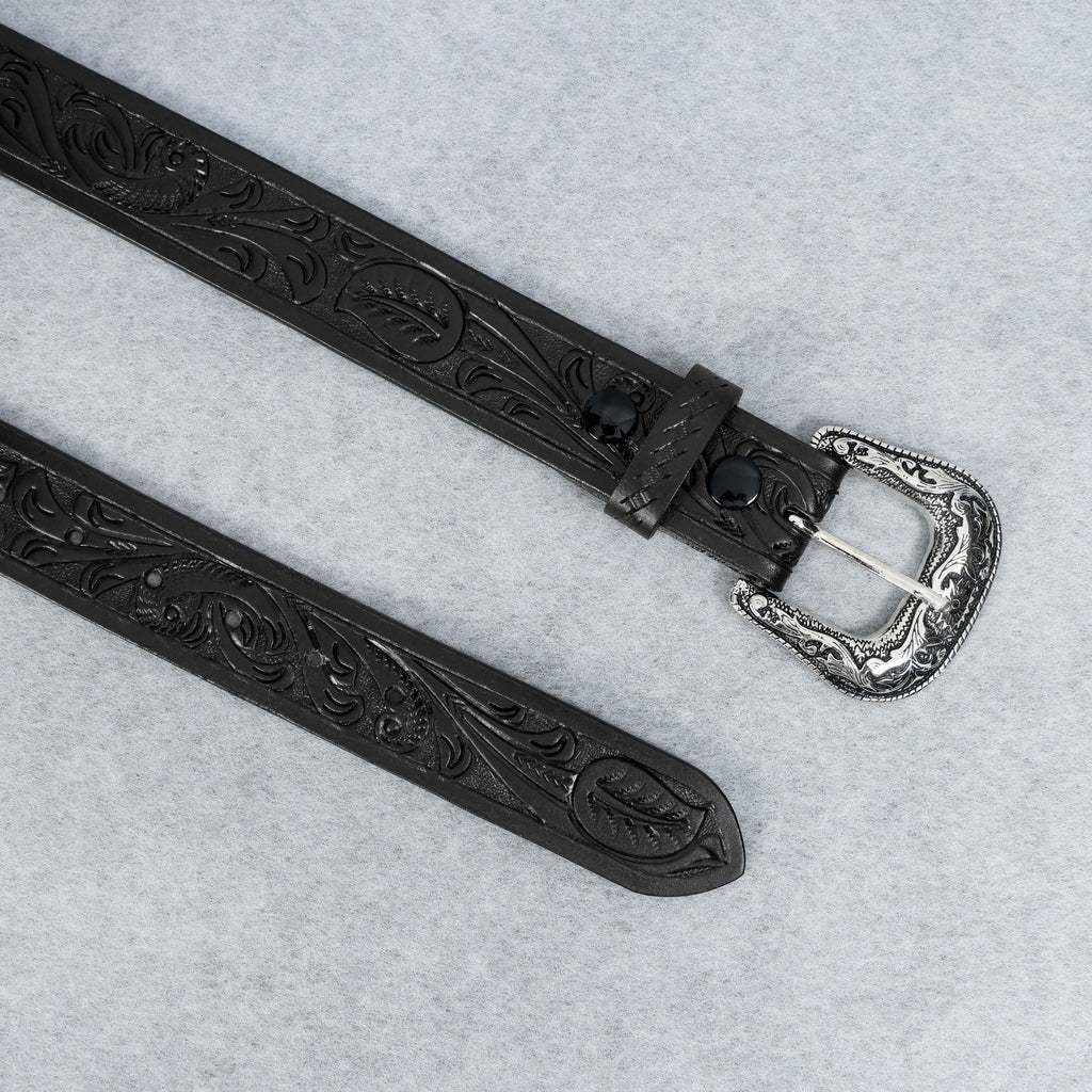 Black Leather Western Belt with Western Engraved Rustic Silver Buckle + Free Antique Plain Buckle
