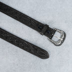Black Leather Western Belt with Western Engraved Rustic Silver Buckle + Free Antique Plain Buckle