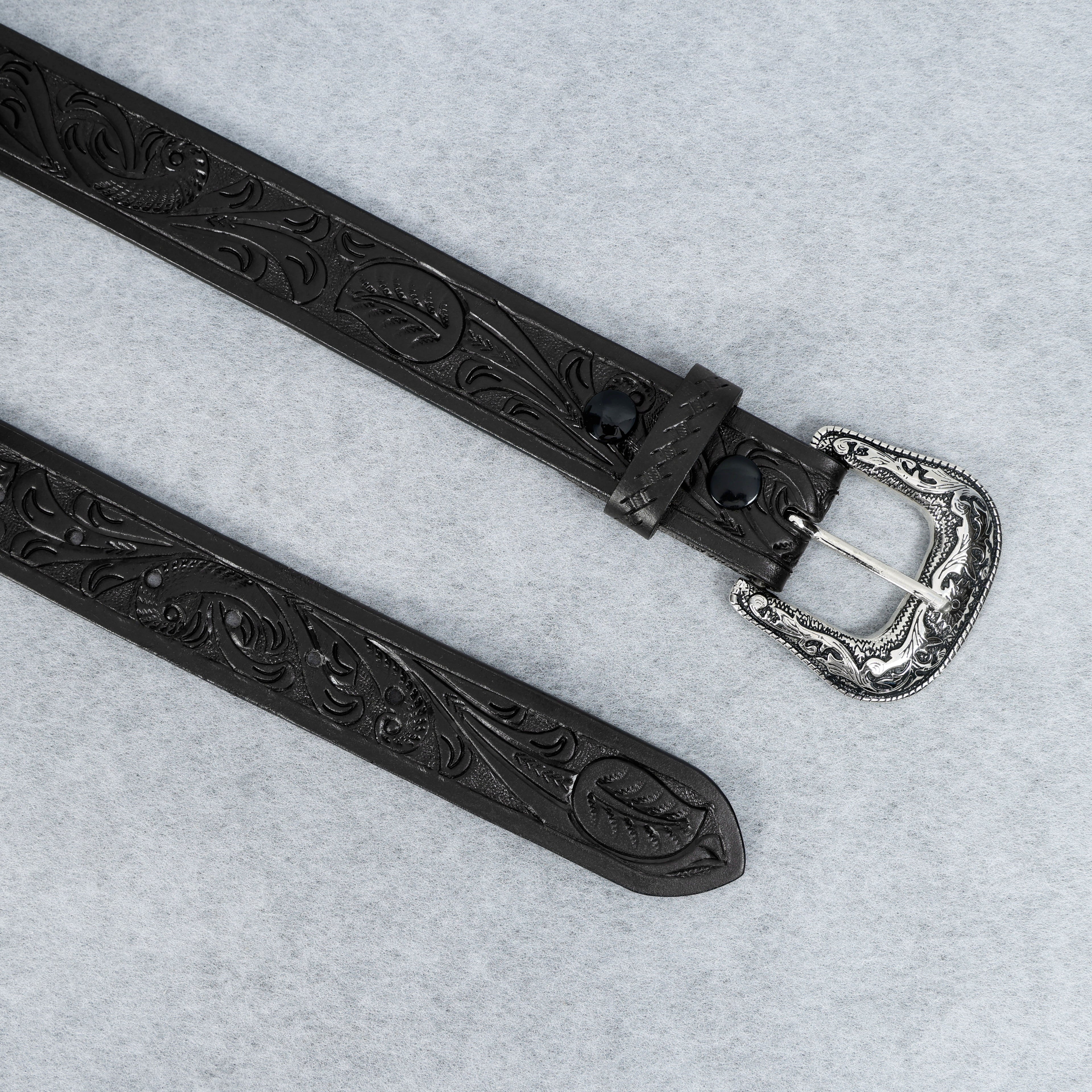 Black Leather Western Belt with Western Engraved Rustic Silver Buckle + Free Antique Plain Buckle