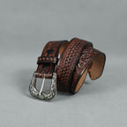 Berbanto Two Tone Brown Leather Western Belt with Western Engraved Rustic Silver Buckle + Free Antique Plain Buckle