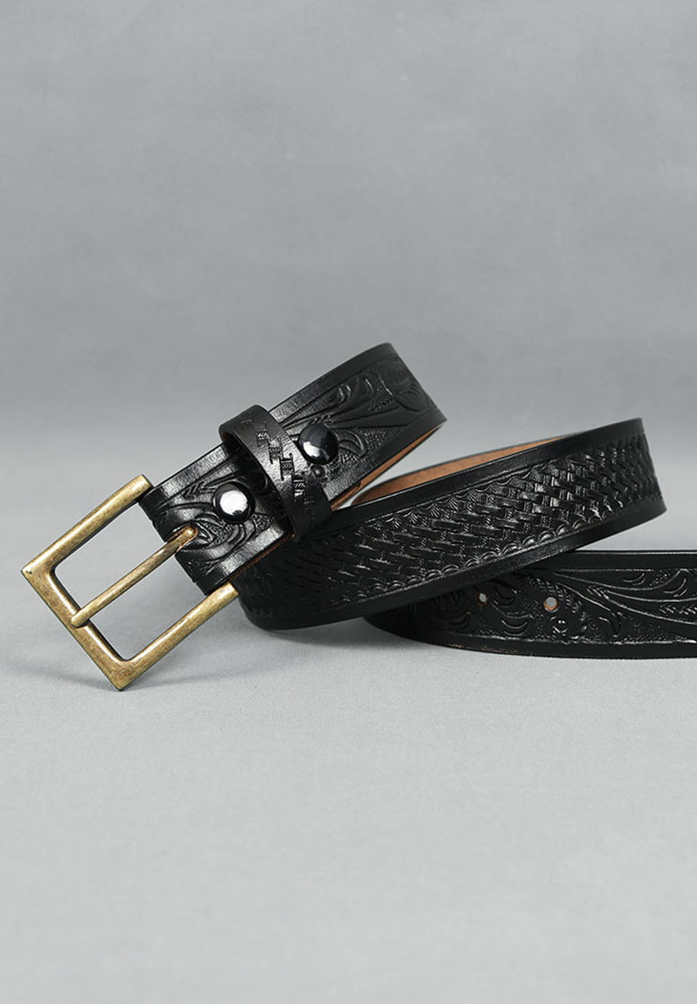 Black Leather Western Belt with Western Engraved Black Buckle + Free Antique Plain Buckle