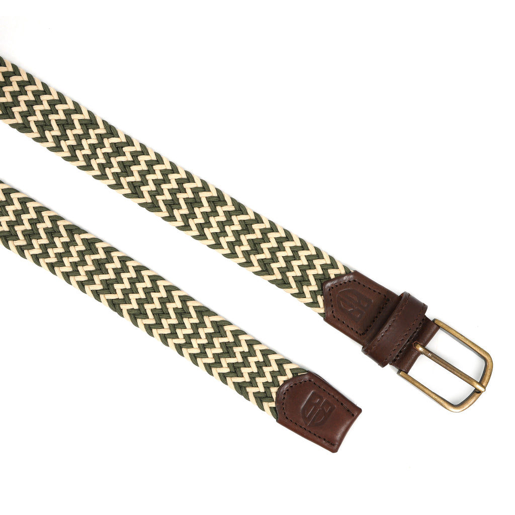 Golf Stretch Belt – Olive & Beige Zigzag with Brown Leather Trim