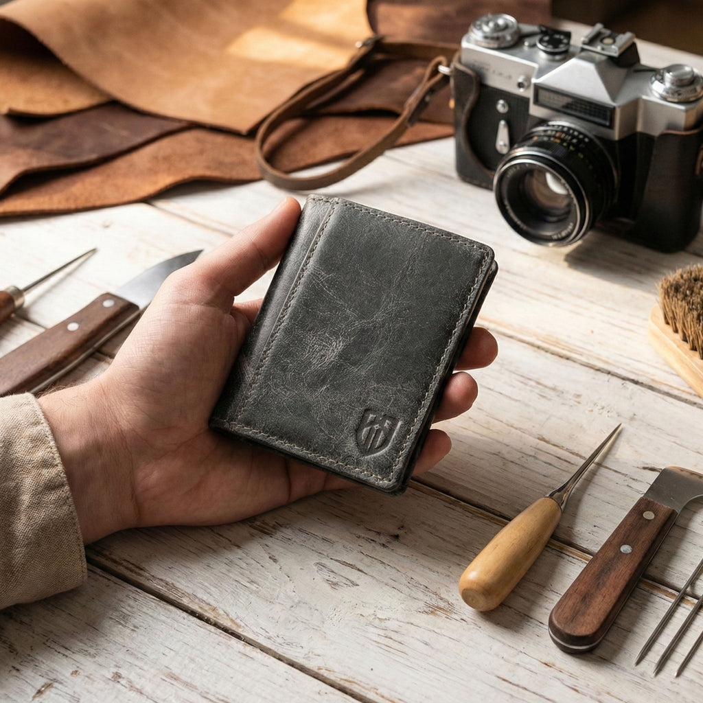 Berbanto Vintage Slate Bifold Wallet – Distressed Full-Grain Leather