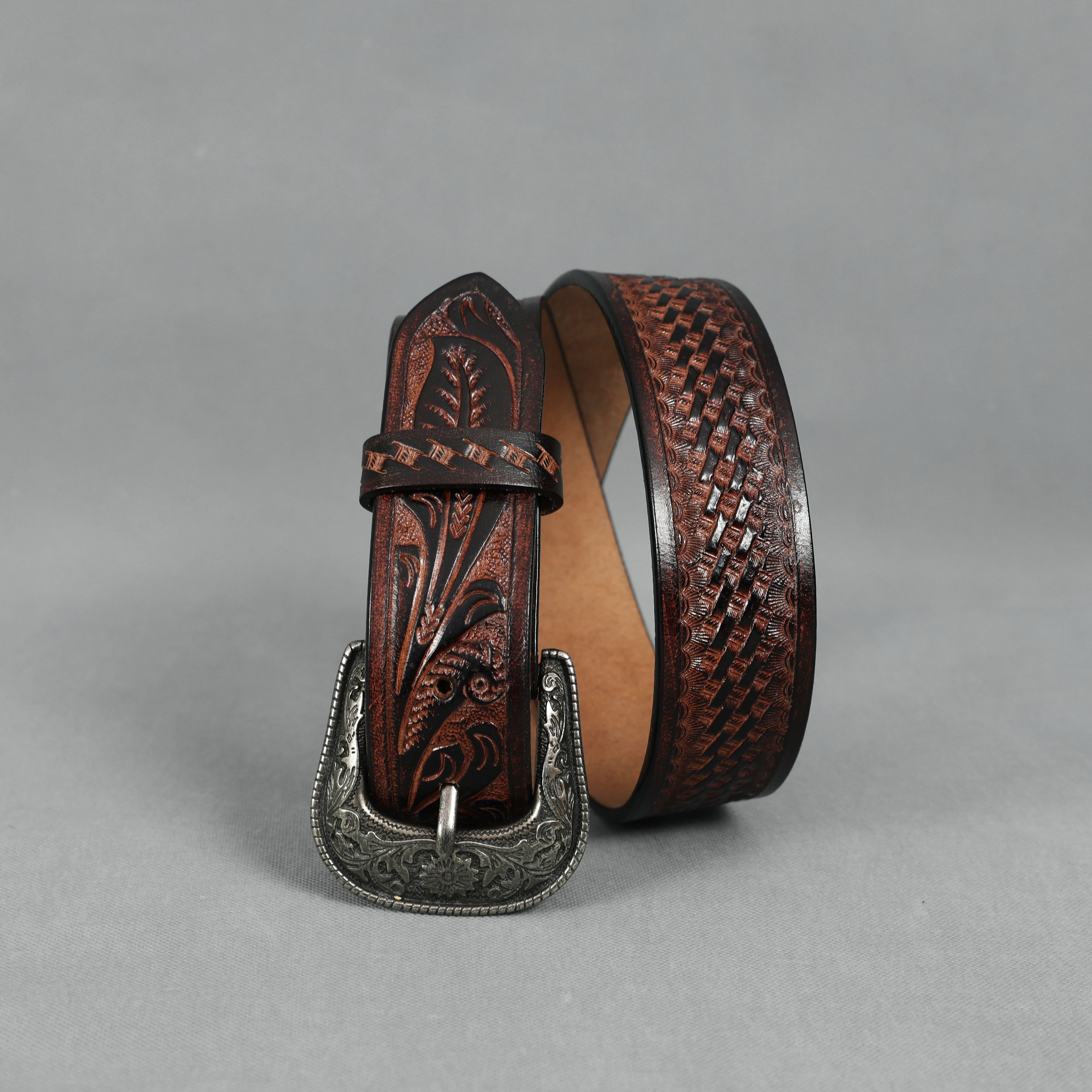 Berbanto Two Tone Brown Leather Western Belt with Western Engraved Black Buckle + Free Antique Plain Buckle
