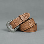 Berbanto Natural Leather Western Belt with Western Engraved Silver Buckle + Free Antique Plain Buckle