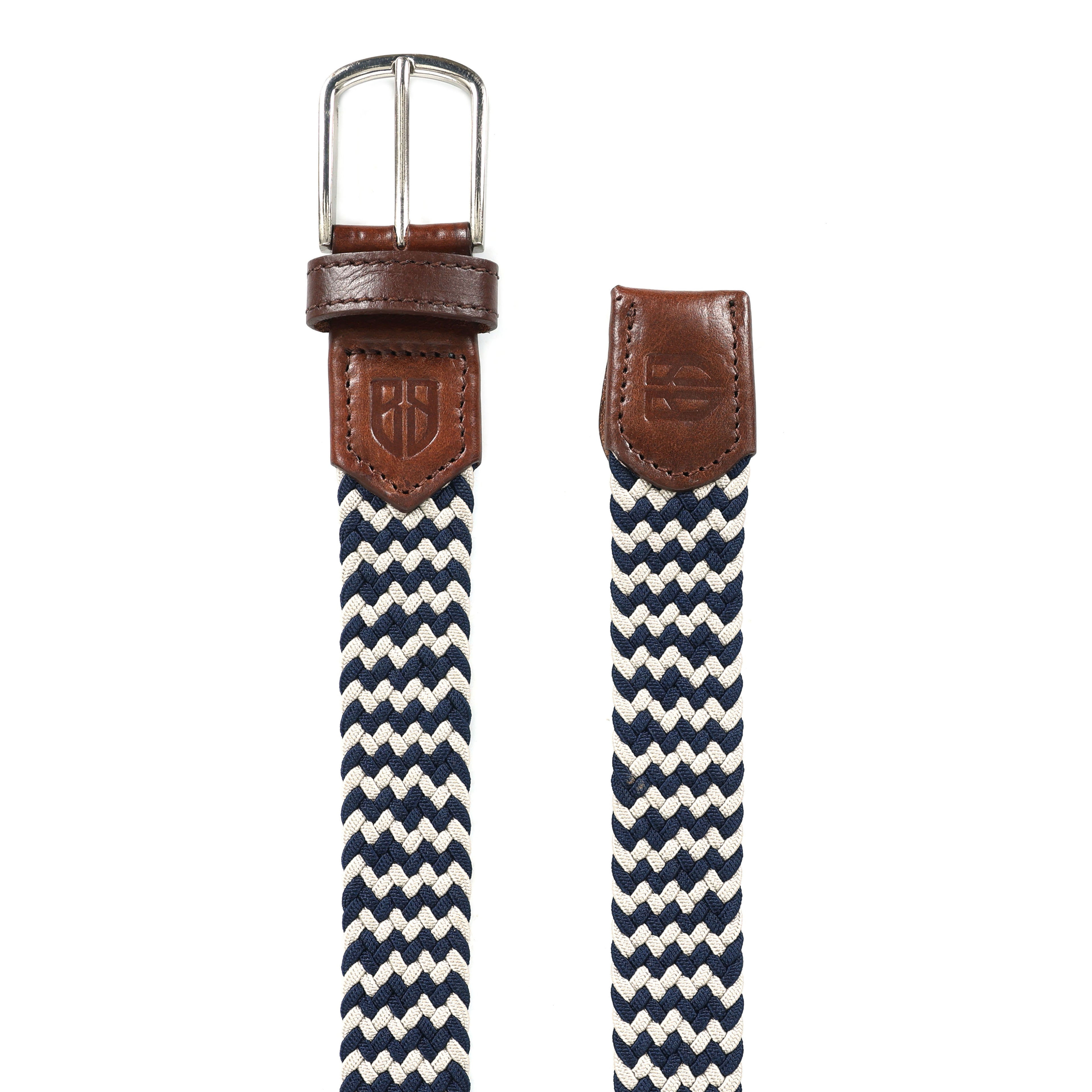Golf Stretch Belt – Navy & White Chevron with Brown Leather Trim