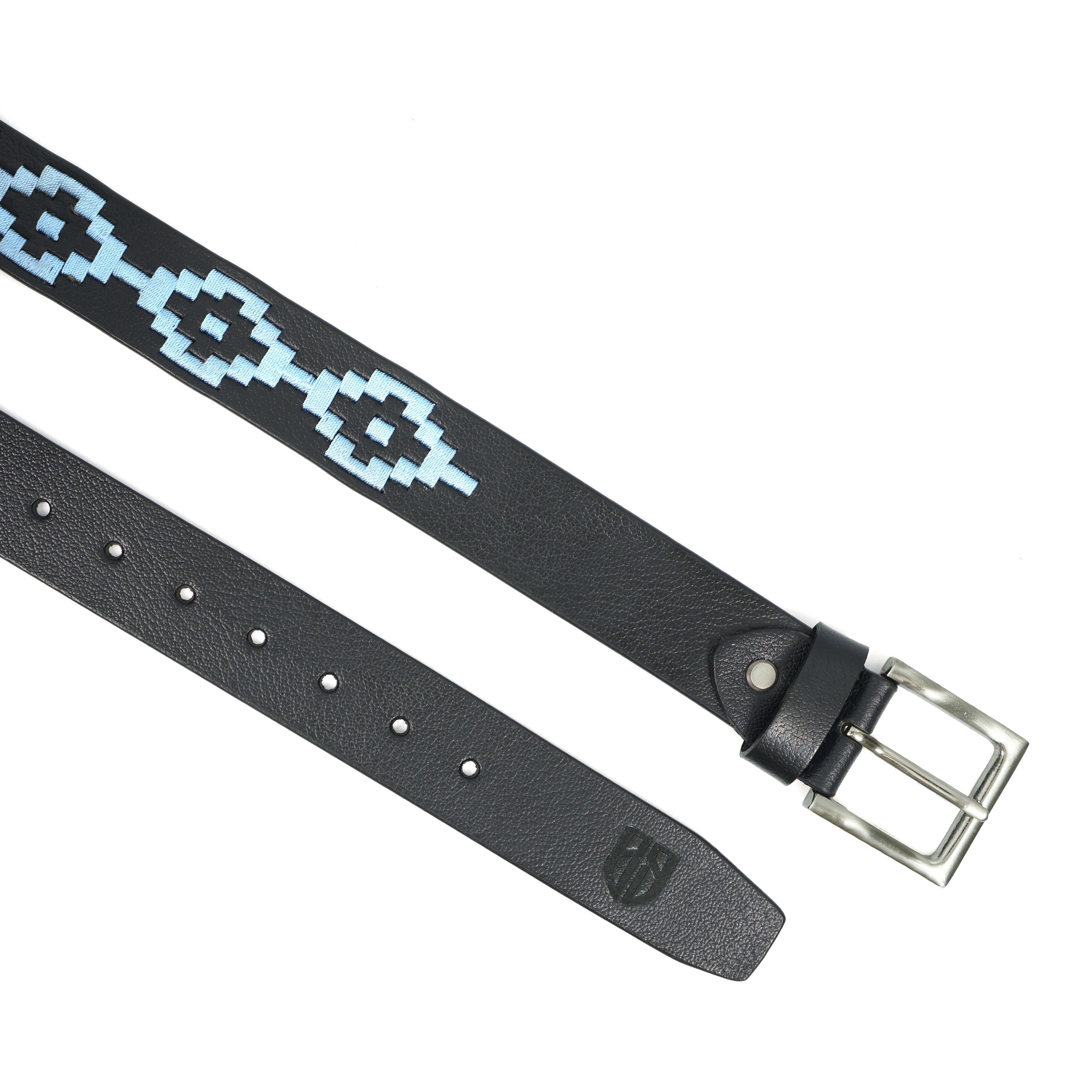 Berbanto Sky Blue Polo Belt – Hand-Embroidered on Premium Full-Grain Black Leather