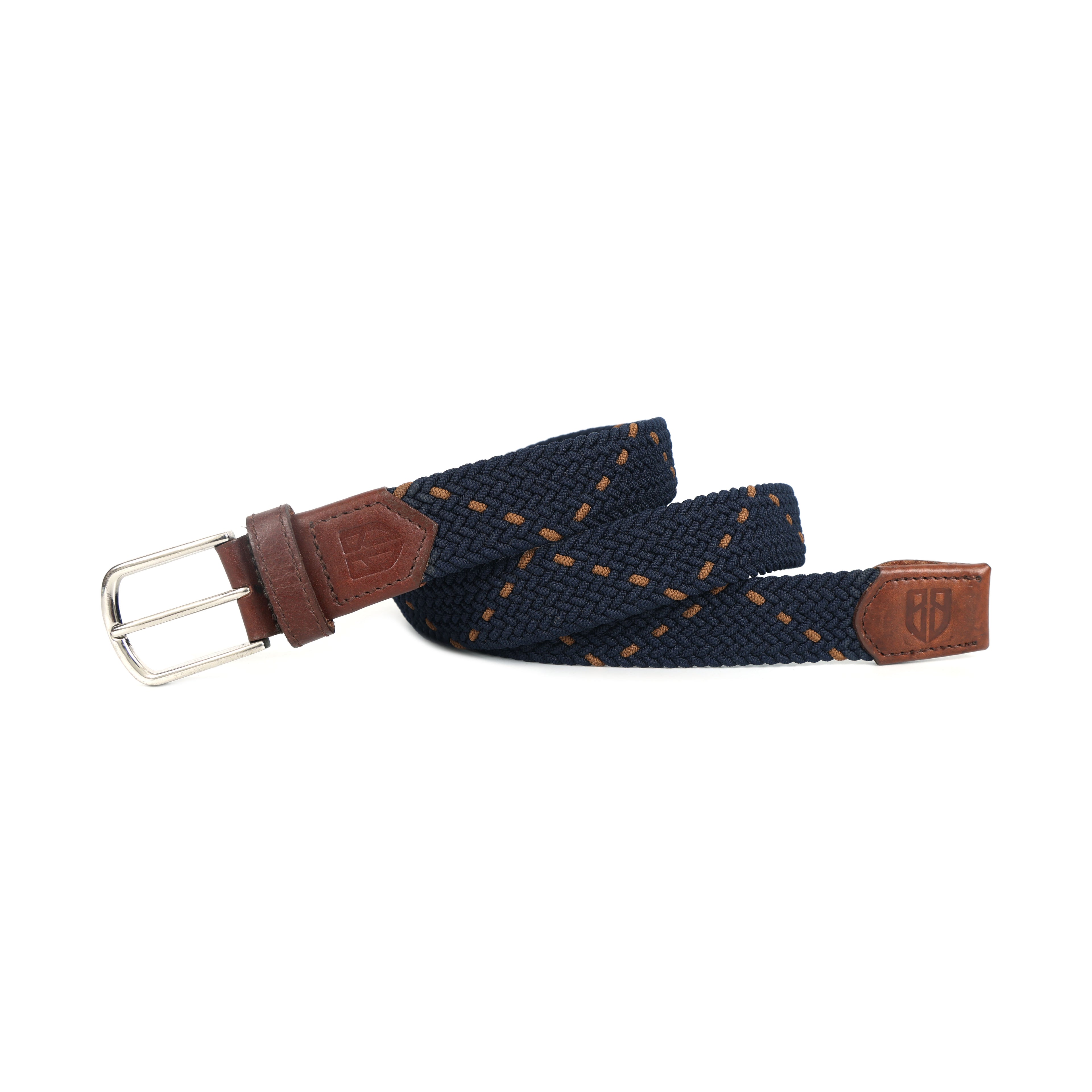 Golf Stretch Belt – Navy & Orange Dot with Brown Leather Trim