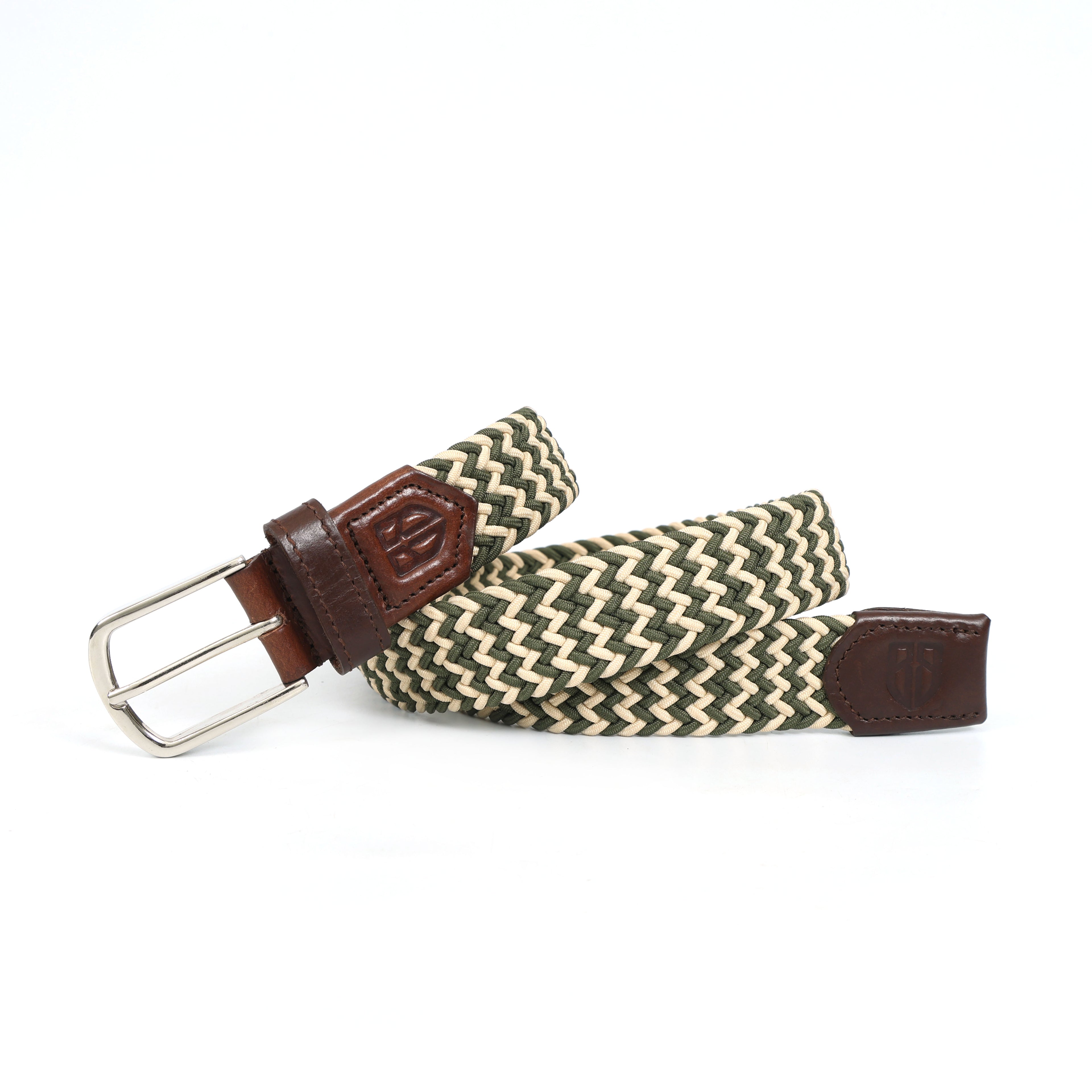 Golf Stretch Belt – Olive & Beige Zigzag with Brown Leather Trim