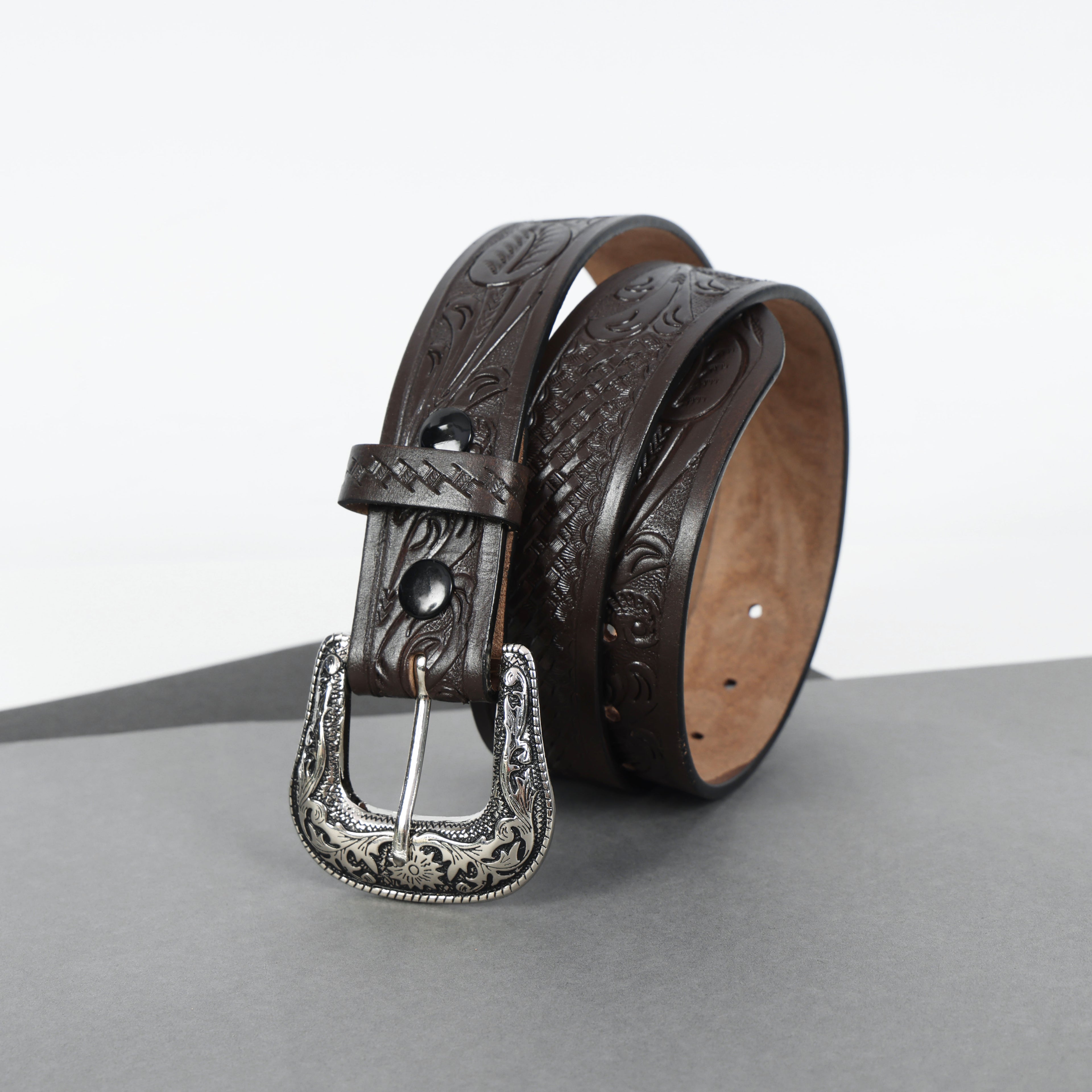 Dark Brown Leather Western Belt with Western Engraved Rustic Silver Buckle + Free Antique Plain Buckle