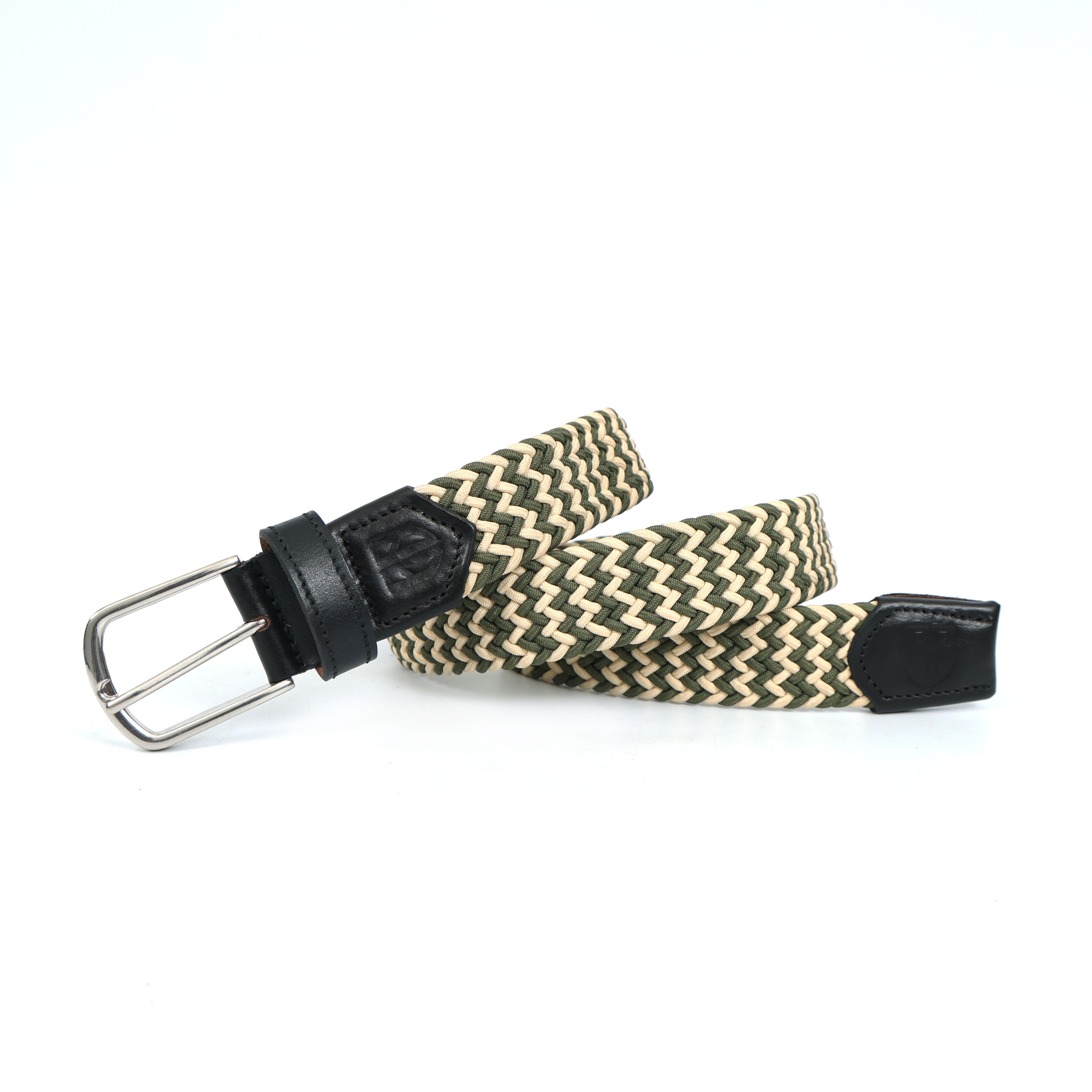 Golf Stretch Belt – Olive & Beige Zigzag with Black Leather Trim