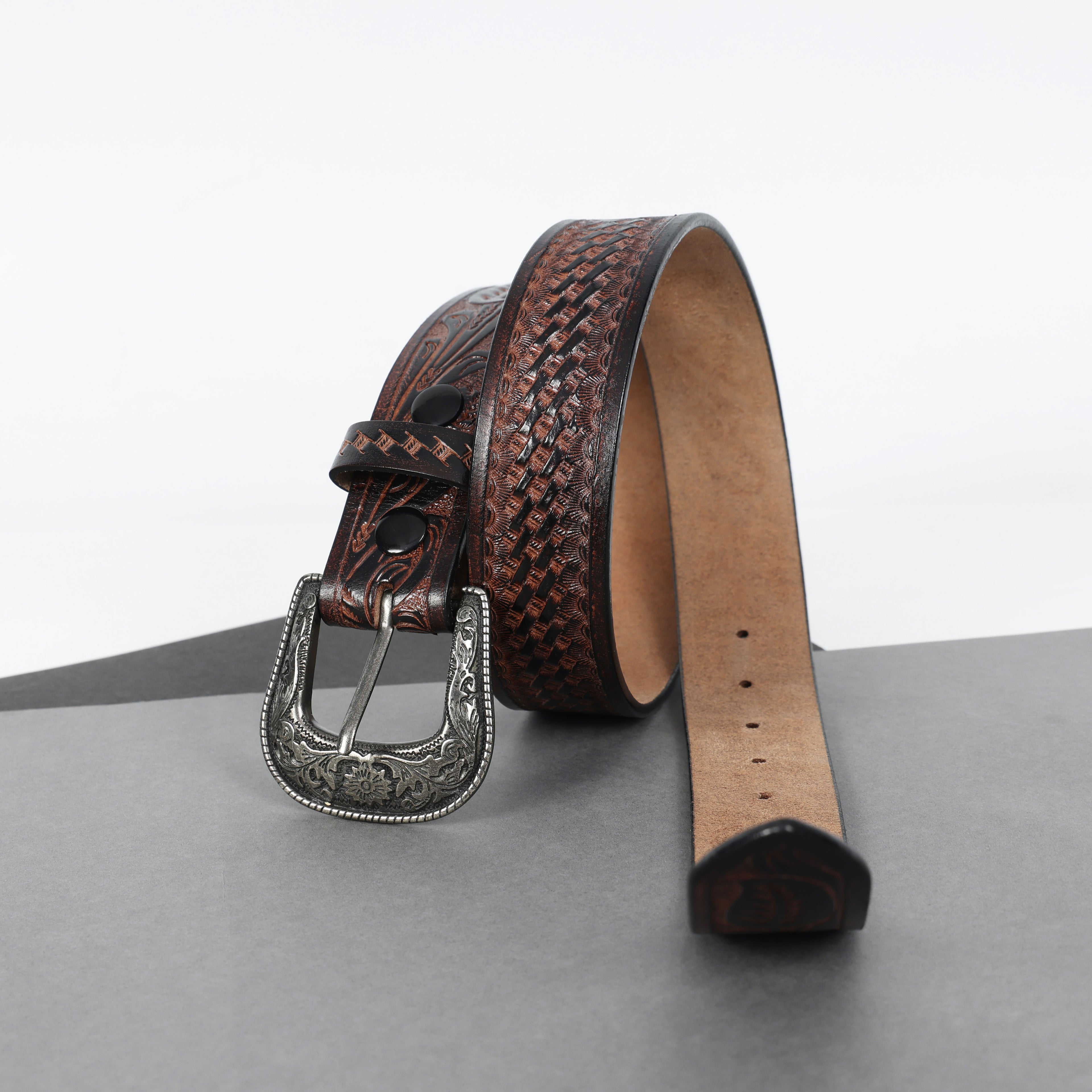Berbanto Two Tone Brown Leather Western Belt with Western Engraved Black Buckle + Free Antique Plain Buckle