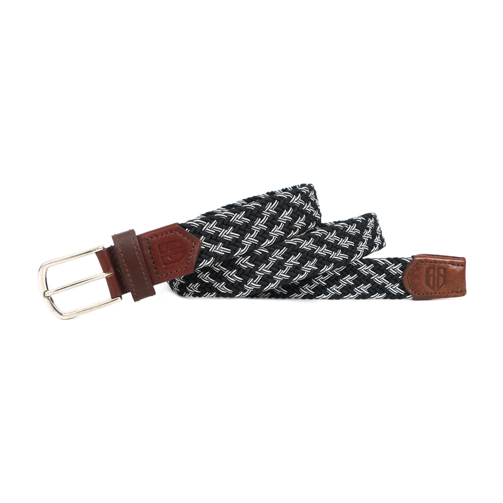 Golf Stretch Belt – Black & White Zigzag with Brown Leather Trim