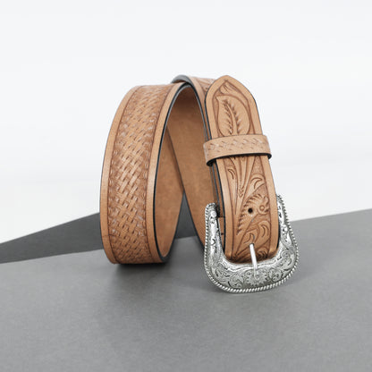 Berbanto Natural Leather Western Belt with Western Engraved Silver Buckle + Free Antique Plain Buckle