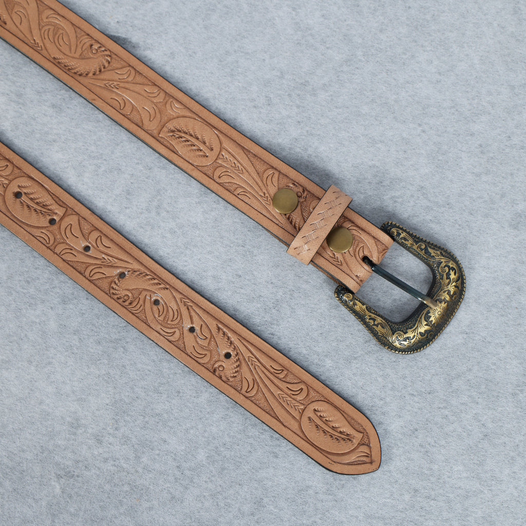 Berbanto Natural Leather Western Belt with Western Engraved Brass Buckle + Free Antique Plain Buckle