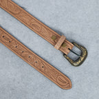Berbanto Natural Leather Western Belt with Western Engraved Brass Buckle + Free Antique Plain Buckle