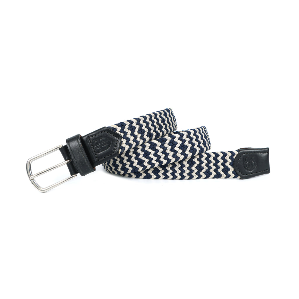 Golf Stretch Belt – Navy & White Chevron with Black Leather Trim
