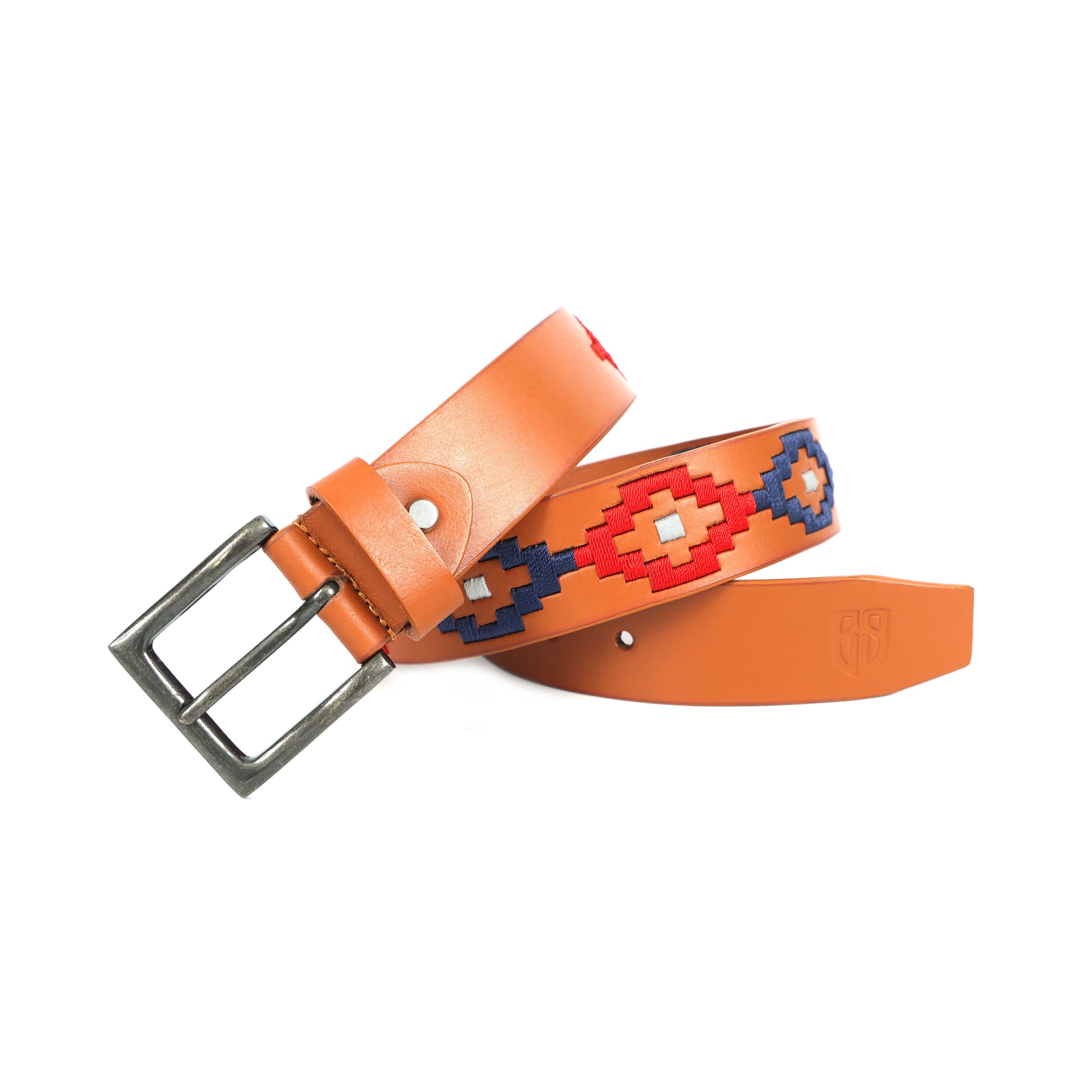 Berbanto Signature Polo Belt – Hand-Embroidered on Premium Full-Grain Tan Leather