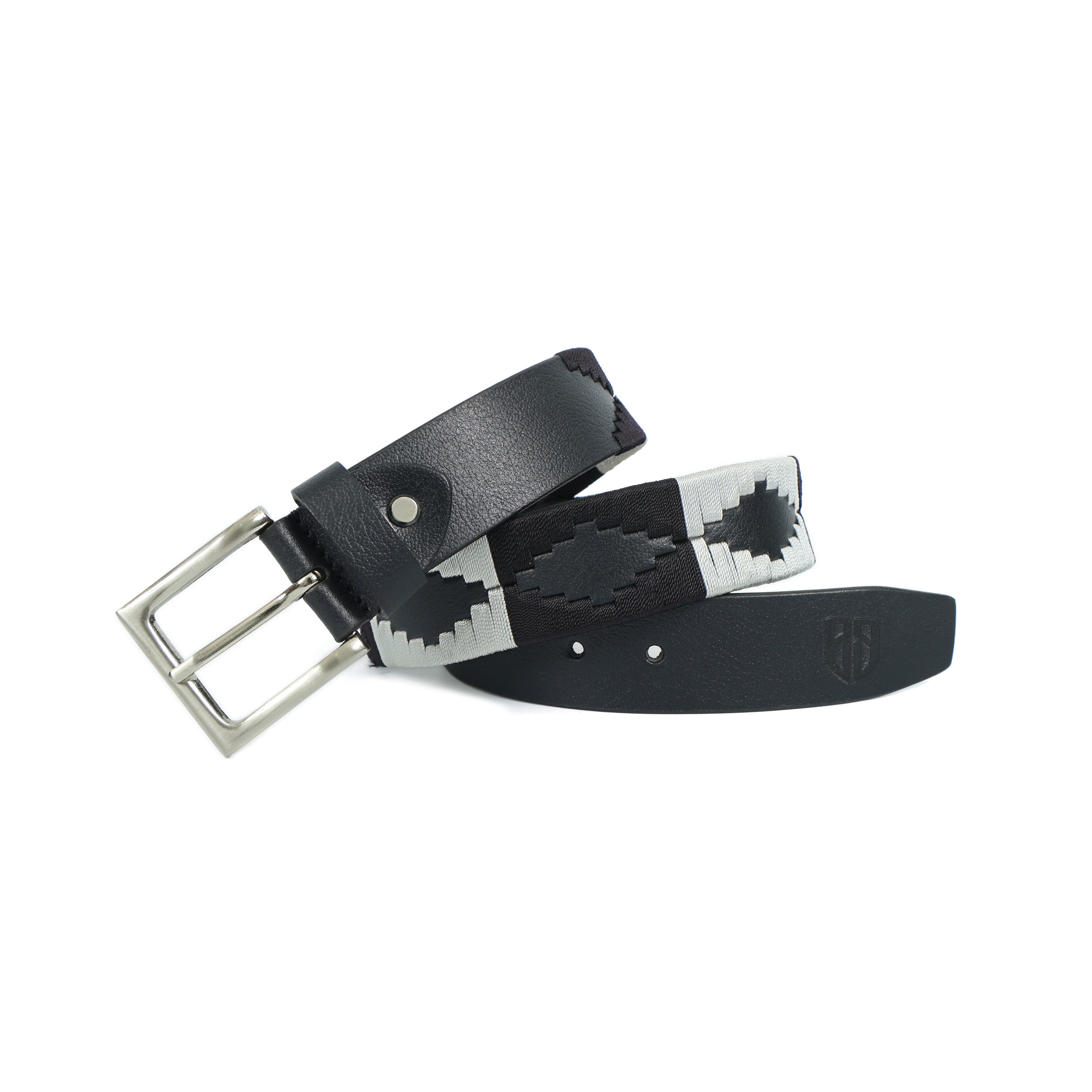 Grey Classic Polo Belt – Hand-Embroidered Premium Full-Grain Black Leather Belt