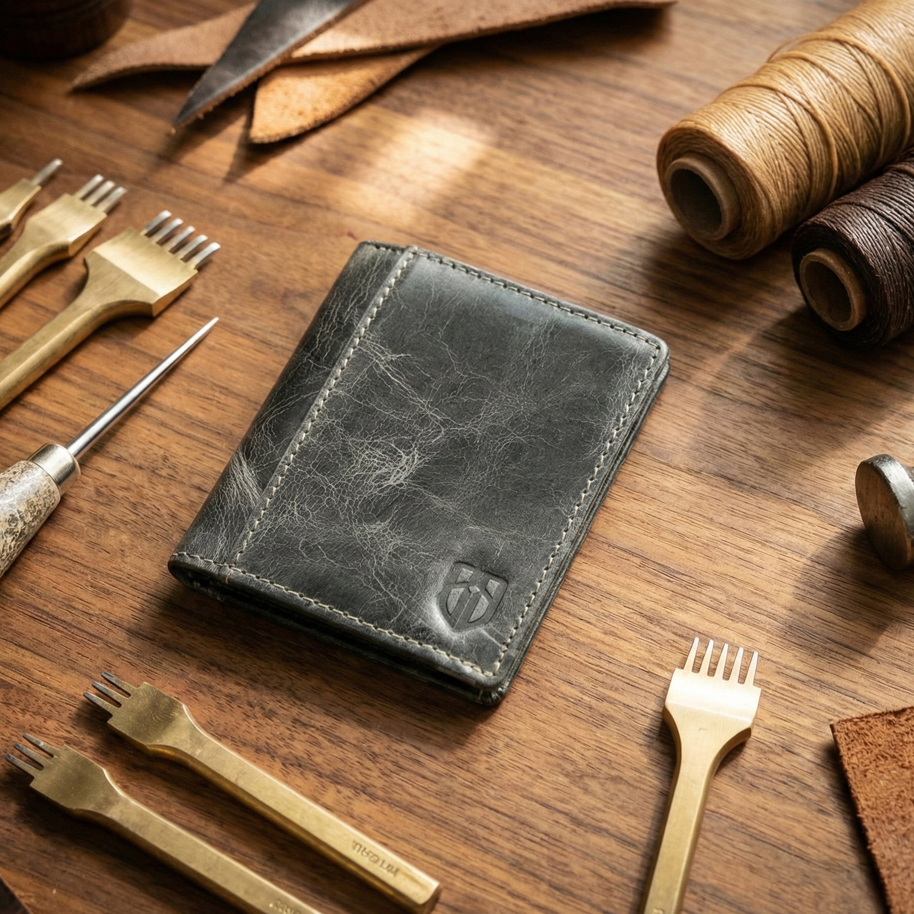 Berbanto Vintage Slate Bifold Wallet – Distressed Full-Grain Leather