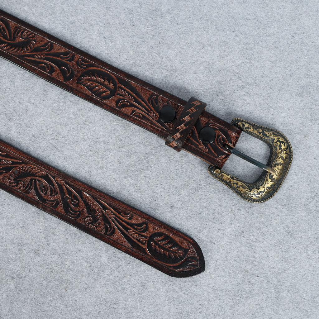 Berbanto Two Tone Brown Leather Western Belt with Western Engraved Brass Buckle + Free Antique Plain Buckle