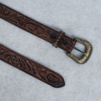 Berbanto Two Tone Brown Leather Western Belt with Western Engraved Brass Buckle + Free Antique Plain Buckle