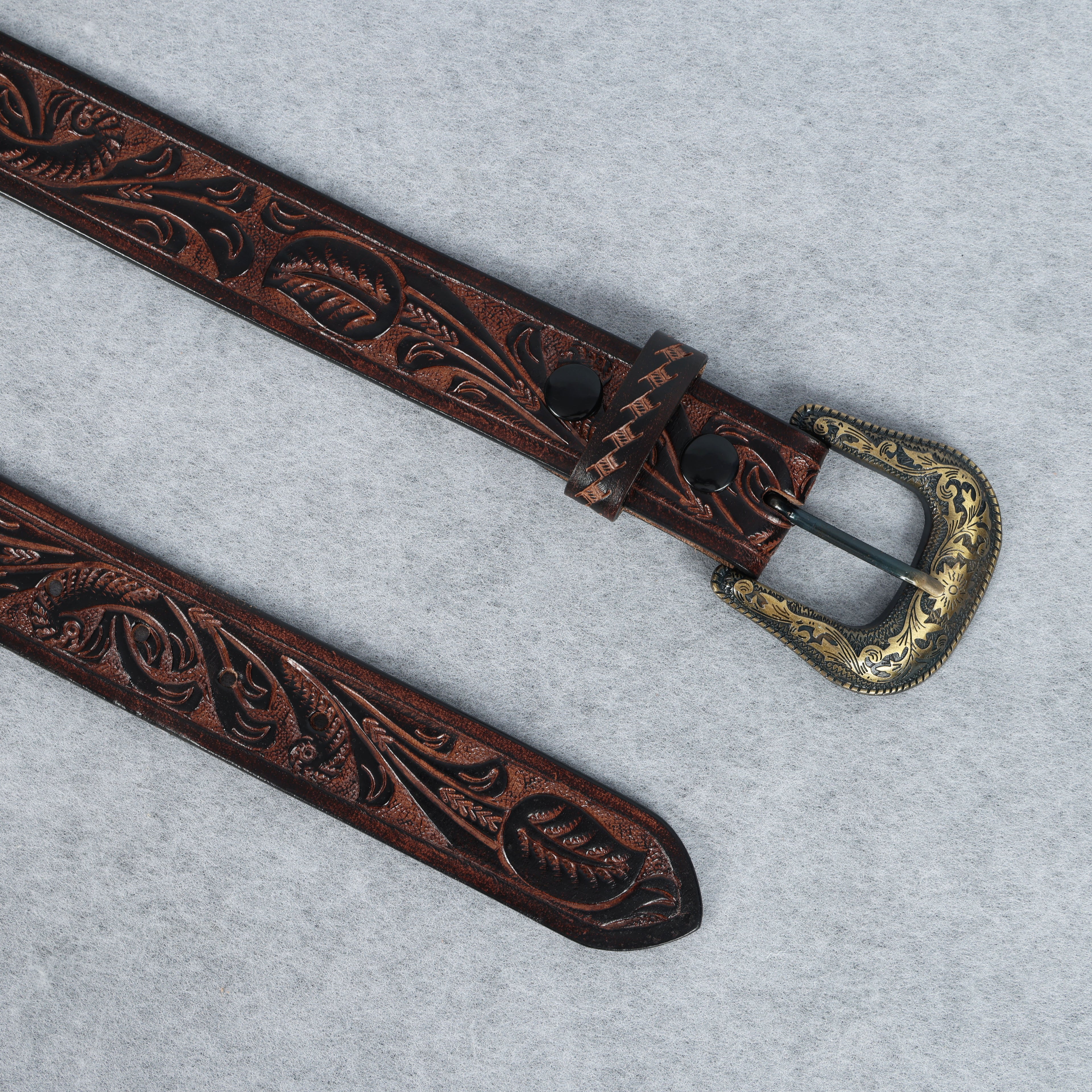 Berbanto Two Tone Brown Leather Western Belt with Western Engraved Brass Buckle + Free Antique Plain Buckle