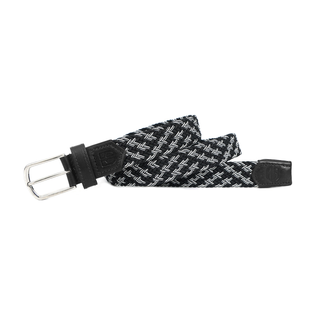 Golf Stretch Belt – Black & White Zigzag with Black Leather Trim