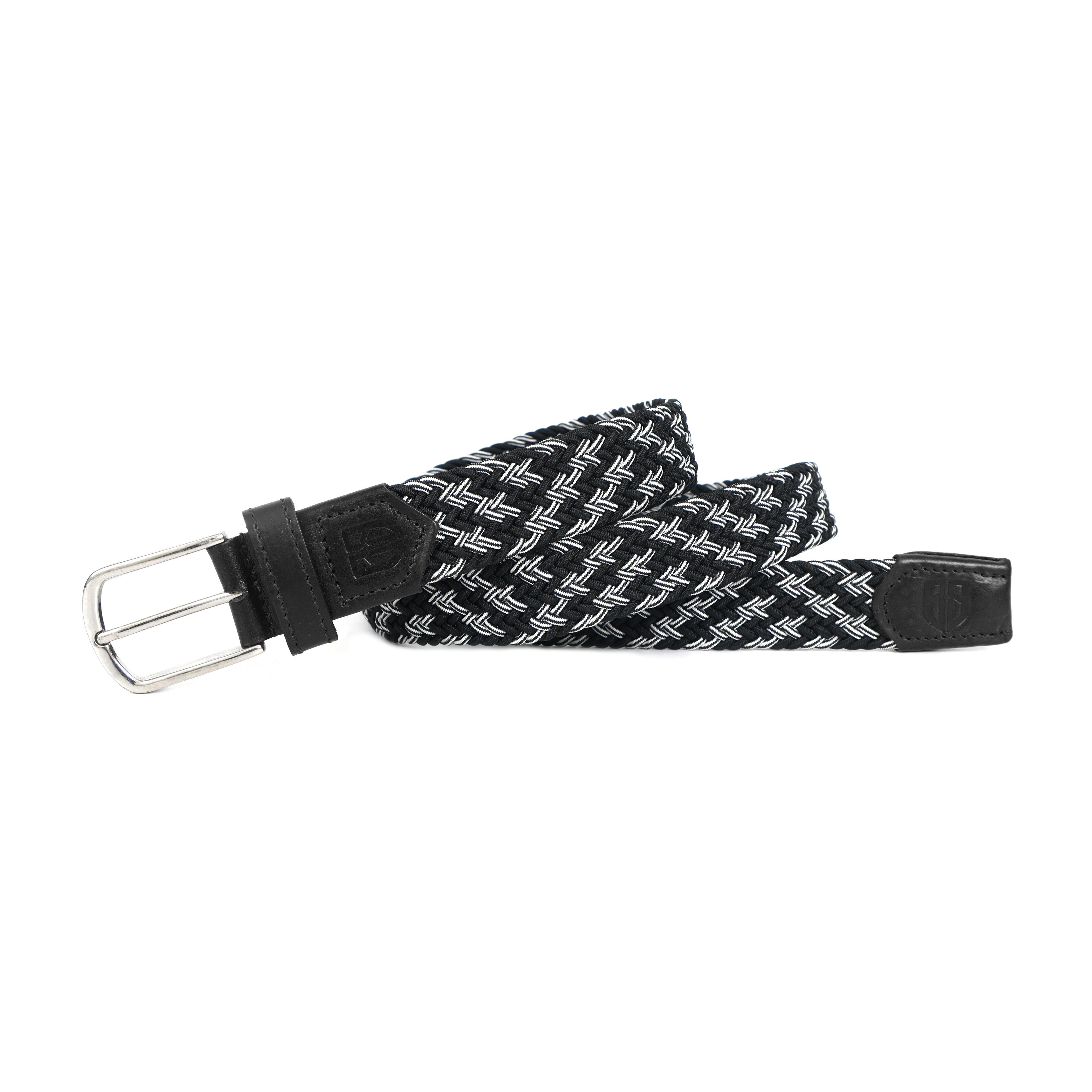 Golf Stretch Belt – Black & White Zigzag with Black Leather Trim