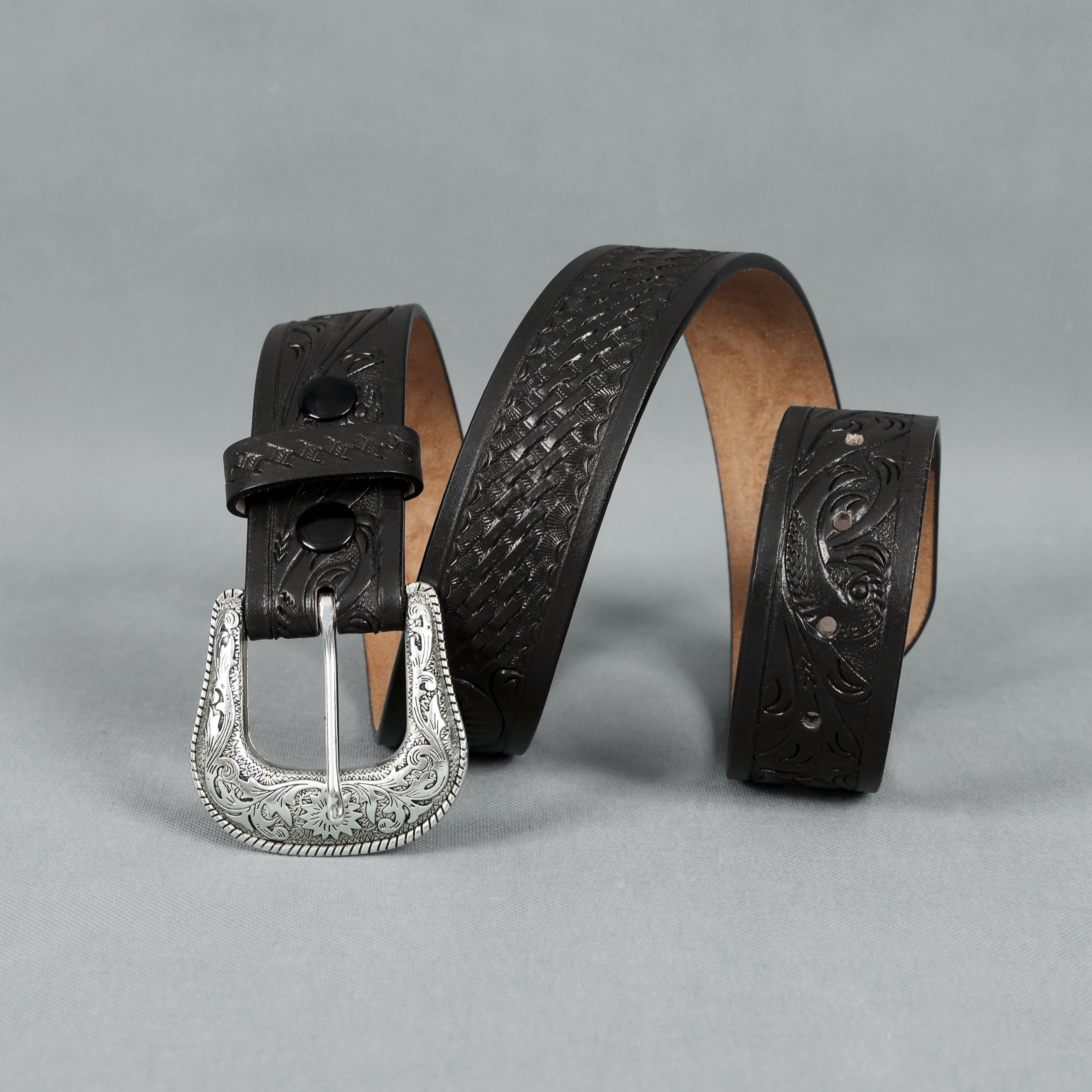 Black Leather Western Belt with Western Engraved Silver Buckle + Free Antique Plain Buckle