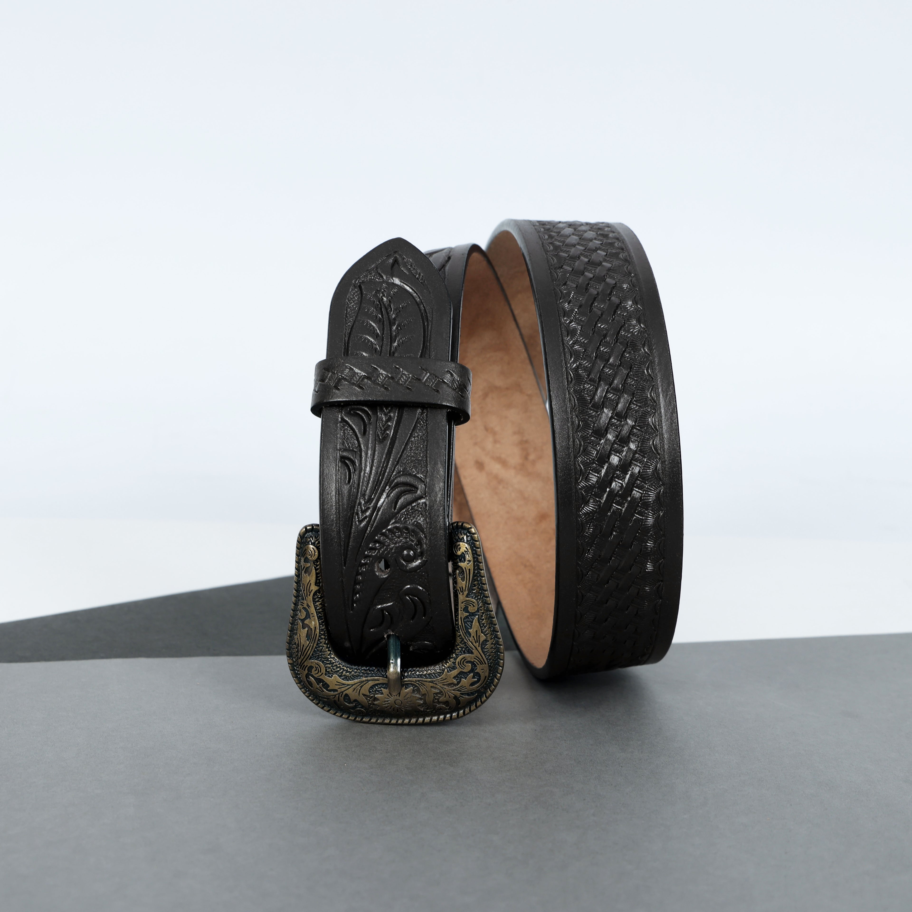 Black Leather Western Belt with Western Engraved Brass Buckle + Free Antique Plain Buckle
