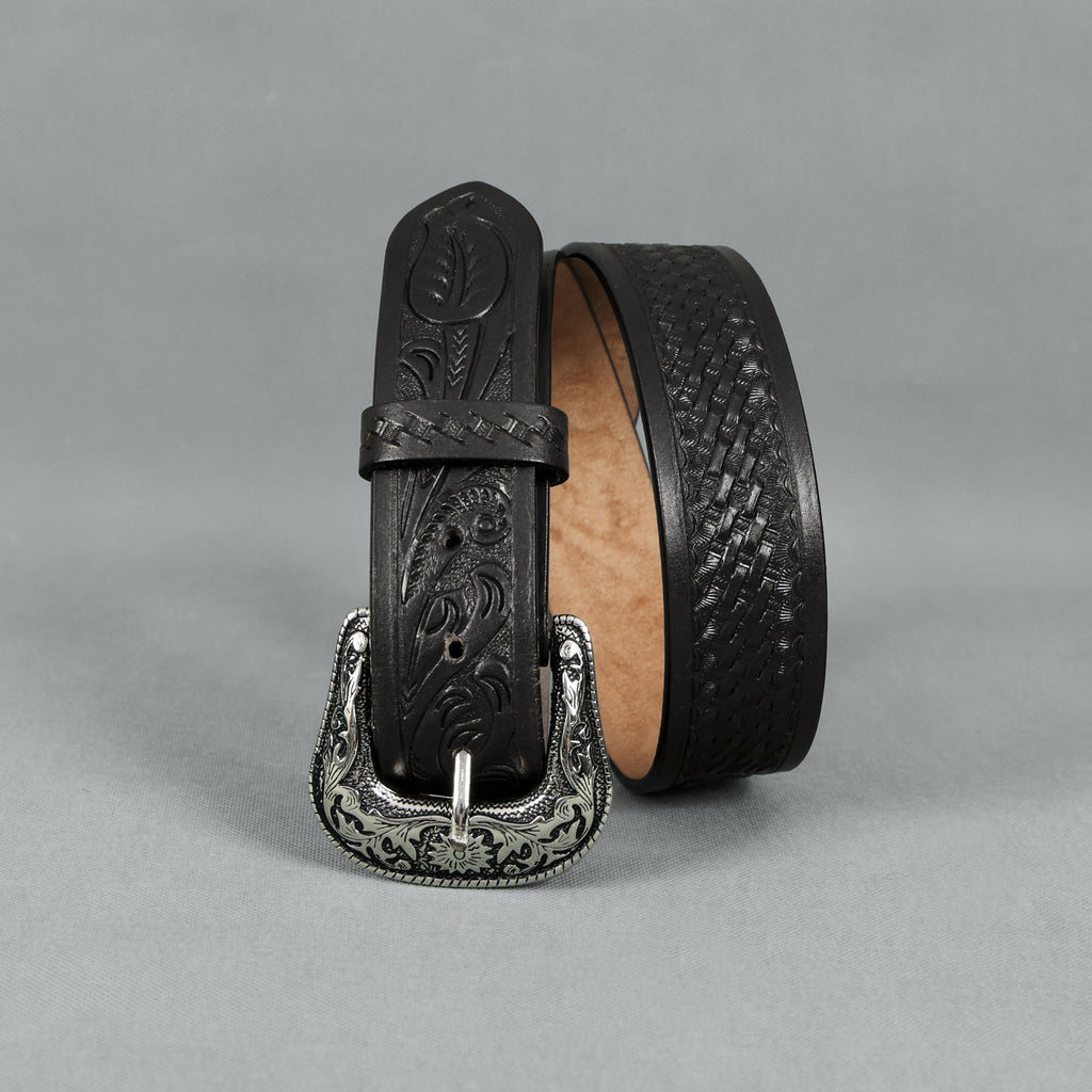 Black Leather Western Belt with Western Engraved Rustic Silver Buckle + Free Antique Plain Buckle