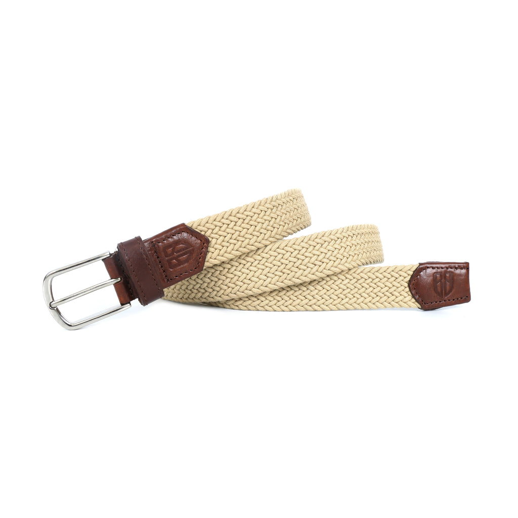 Golf Stretch Belt – Classic Beige with Brown Leather Trim